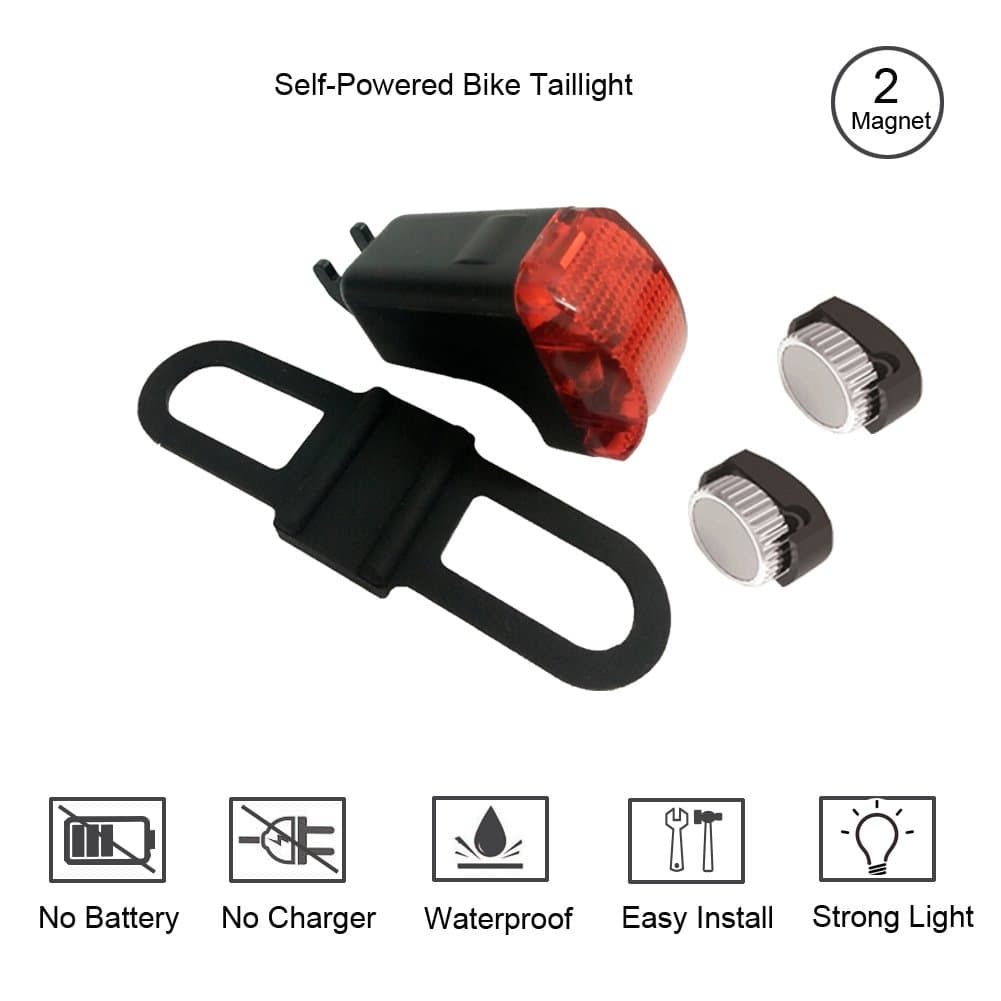 [Two Magnet Self-Powered Bicycle Rear Light No Battery Magnet Sensor Waterproof LED Super Bright Red Bike Taillight Easy to Install for Cycling Safety Rider (Two Magnet)