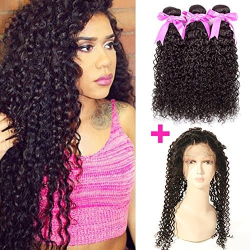 ANNMODE hair 7A Grade Brazilian Virgin Human Hair Kinky Curly Hair 3 Bundles With 360 Full Lace Band Frontals 22.5"x4"x2" Lace Band Frontal Closure With Baby Hair 10 12 14+10inch