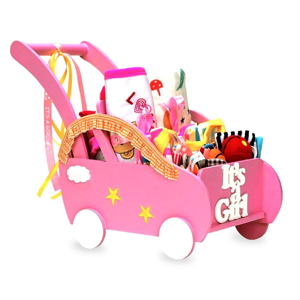 Little Surprise Box Wooden Pink Pram Hamper for Newborn Baby Boy (0-12months)