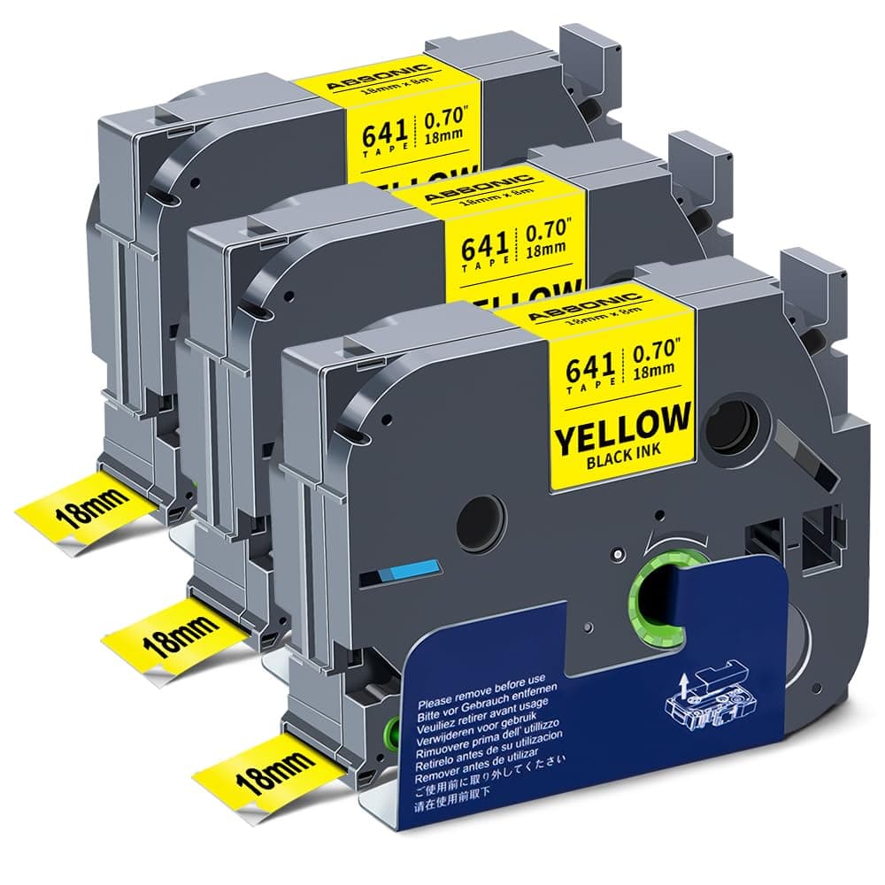 Absonic 3-Pack Tze-641 18mm 0.7" Laminated Yellow Tape Compatible for Brother Tze641 Tz-641 Tz641 3/4" Black on Yellow P Touch Tze Tz Label Tape 18mm for PTD410 PTD460 PTD600 PTD610BT PTP700 PTD400