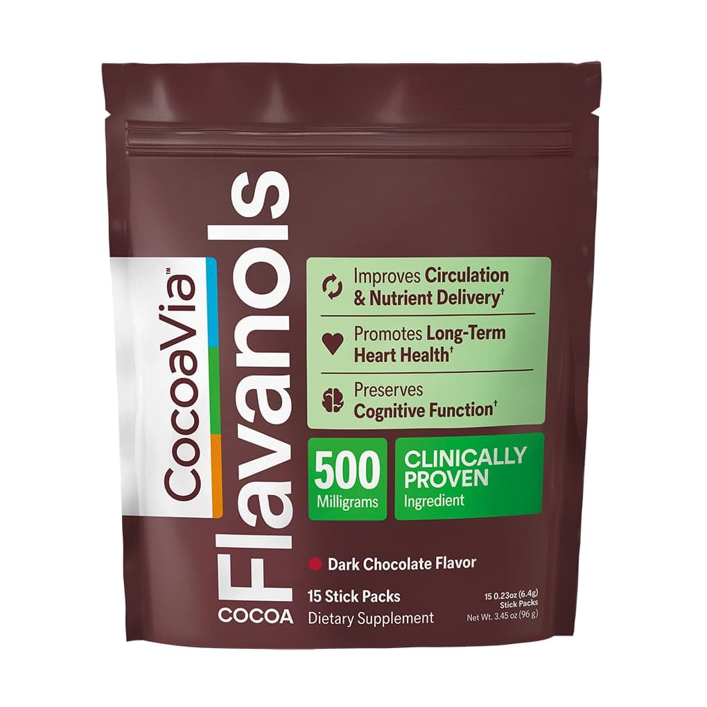 Cocoa Flavanols 500mg, High Flavanol Cocoa Extract, Supports Heart, Brain Health, Boosts Nitric Oxide, Circulation, Preworkout, Travel-Friendly, Vegan, Dark Chocolate, 15 Single Serve Sticks
