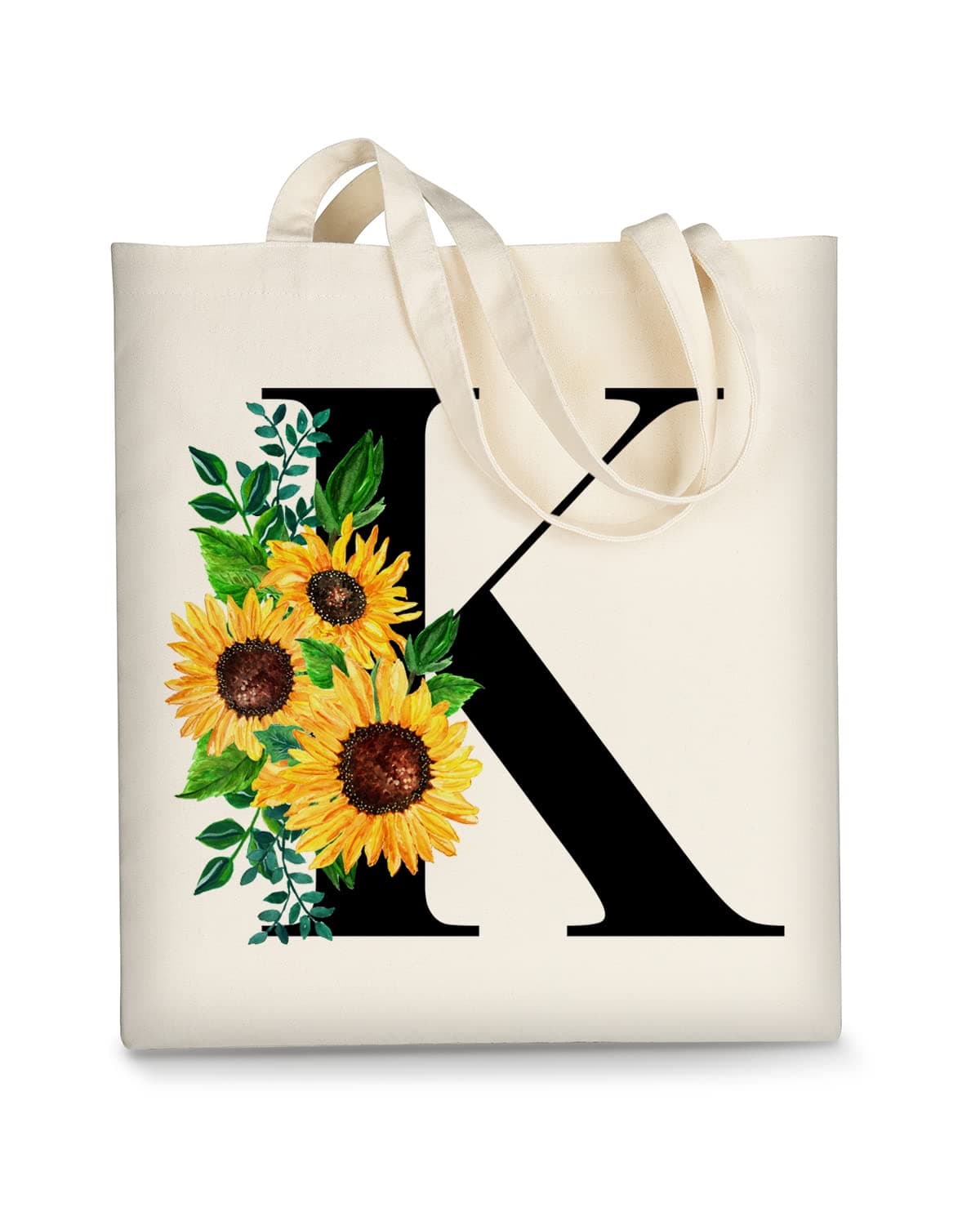 AUSVKAI Canvas Tote Bag Aesthetic for Women, Cute Sunflower Initial Trendy Monogram Personalized Initial Birthday Reusable Cotton Bags with Handle for Grocery College Shopping Beach