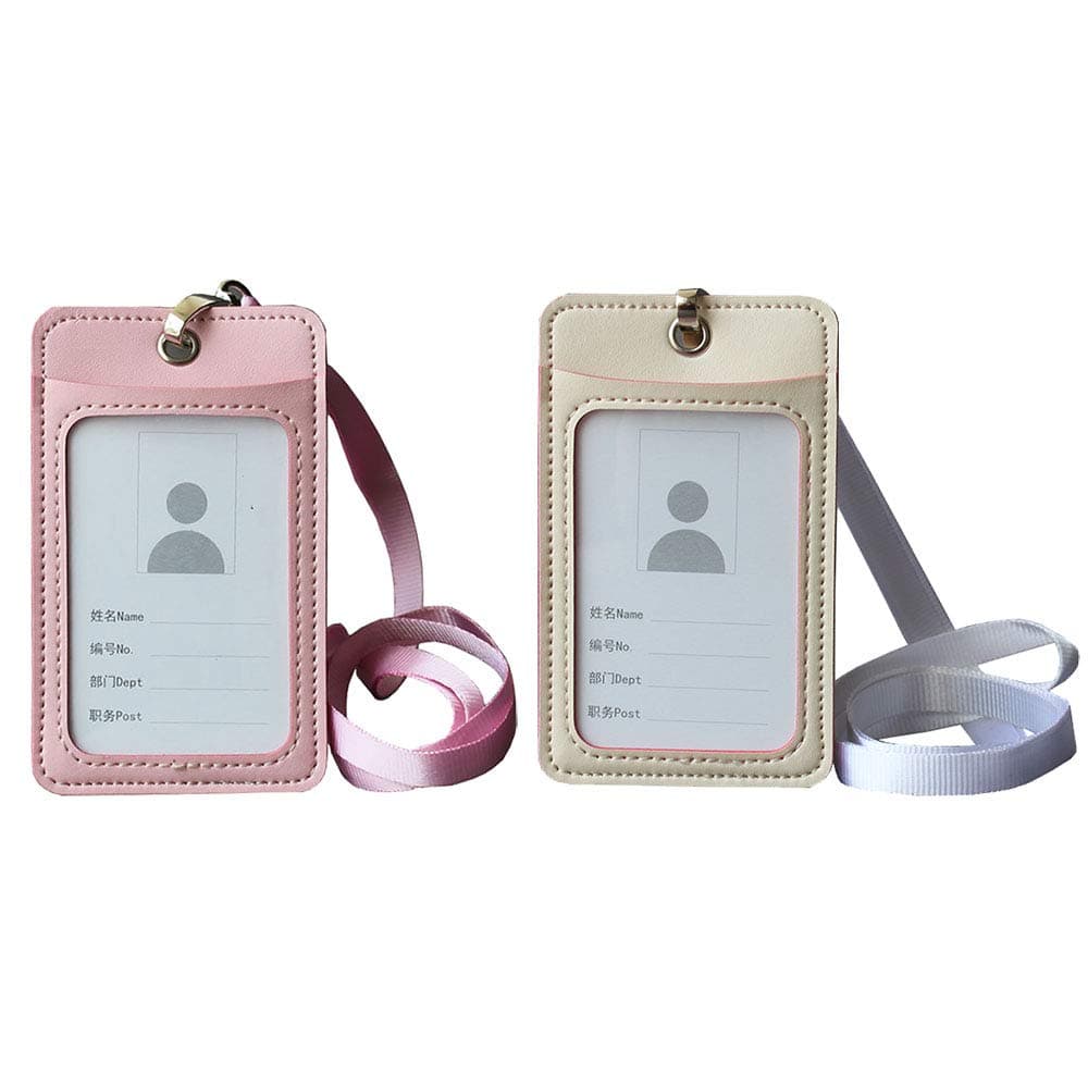 UTENEW Set of 2 PU Leather Badge Holder Vertical ID Credit Card Holder, Keychain Holder, Wide Wrist Strap/Lanyard, for Bus Card, Metro Pass, Employee Card, School ID