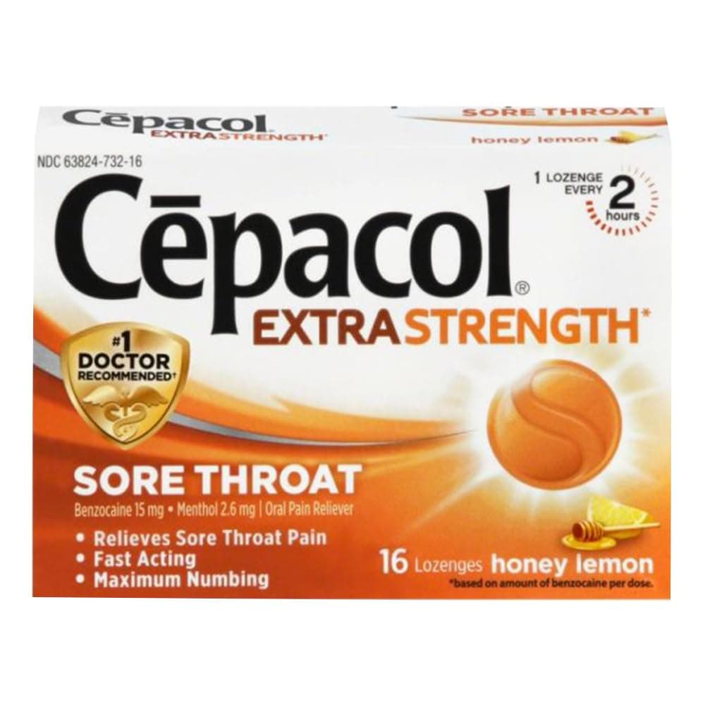 Cepacol Extra Strength Sore Throat Lozenges, Powerful Symptom Relief, Oral Pain Reliever, Honey Lemon, 16 Count (Pack of 1)