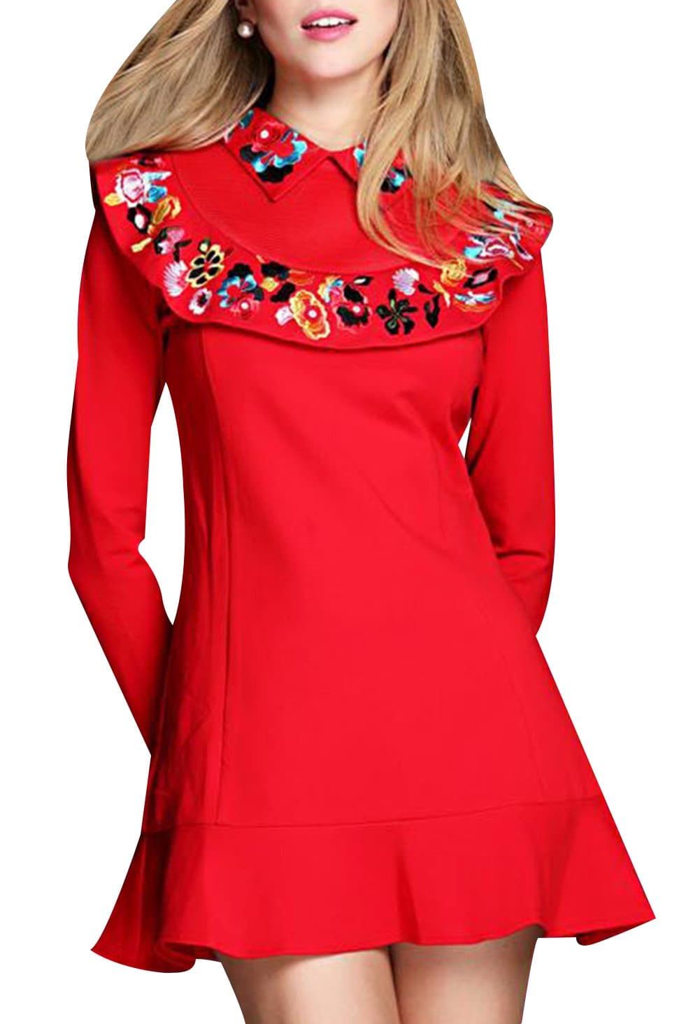 OSY Women's Slim LapelEmbroidery Winter Casual Short Dresses M Red