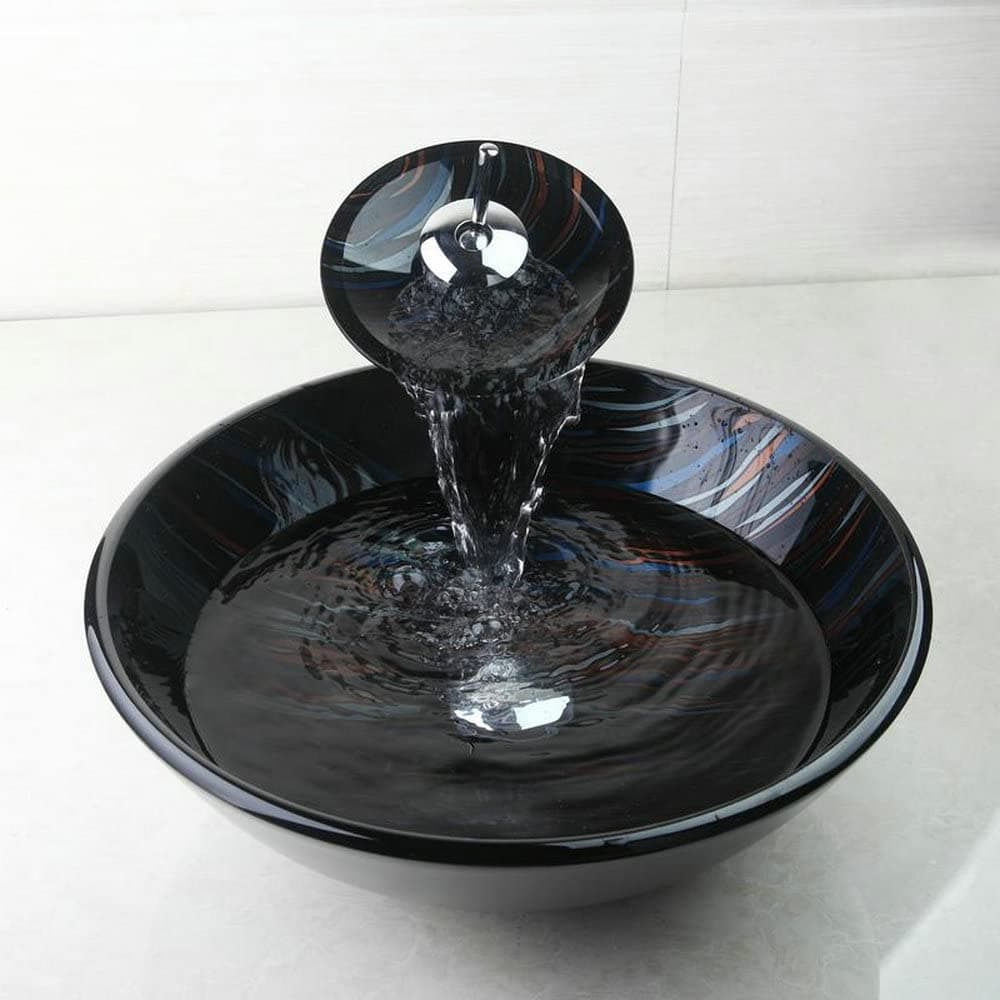 Bathroom Vessel Sink Combo with Faucet, Glass Sink and Pop Up Drain Black with Sequin Design