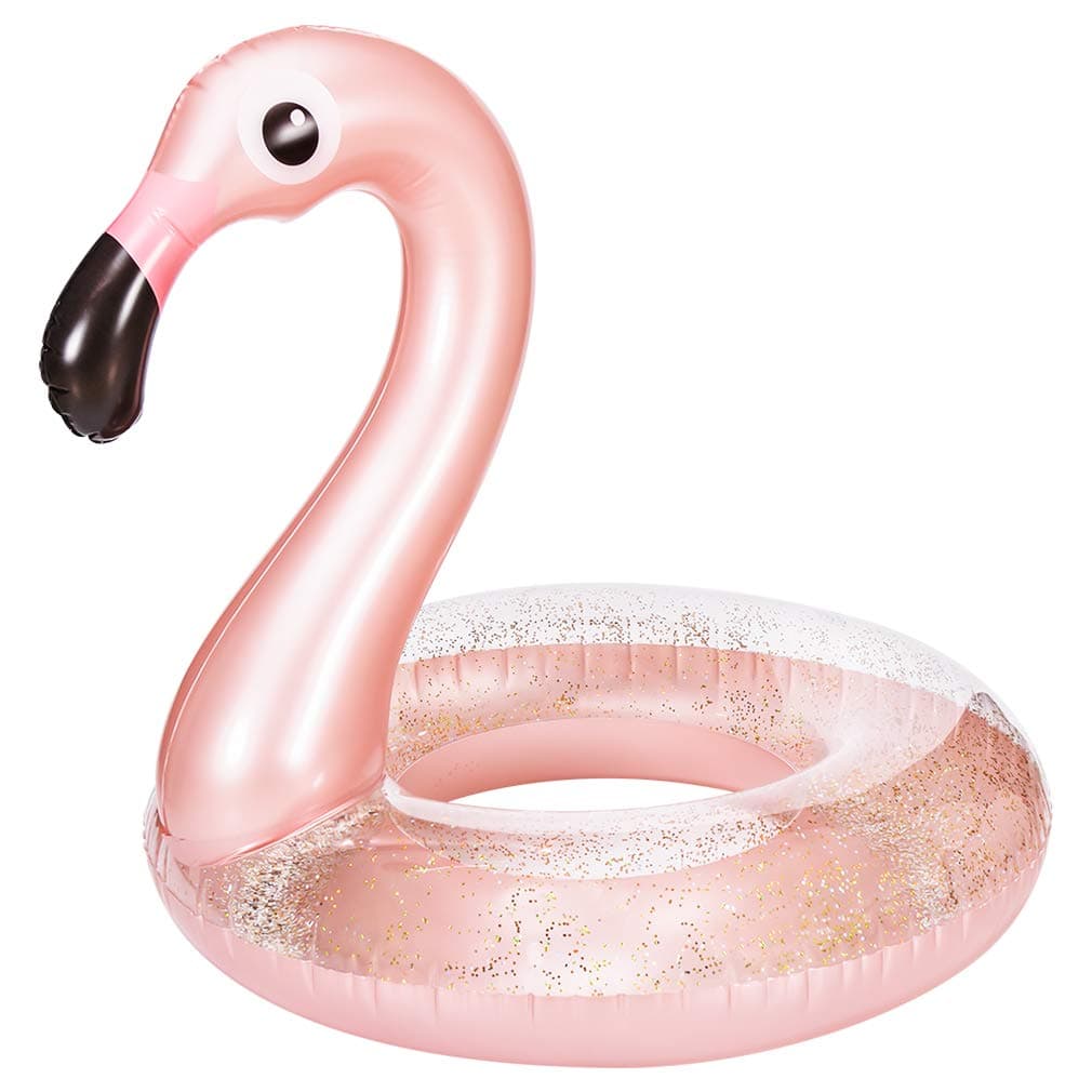 Oziral Inflatable Flamingo Swimming Pool Float with Sequin diameter approx. 110 cm Summer Swim Pool Outdoor Lounger Inflatable Float and Cute Toy for the Swimming Pool or Beach
