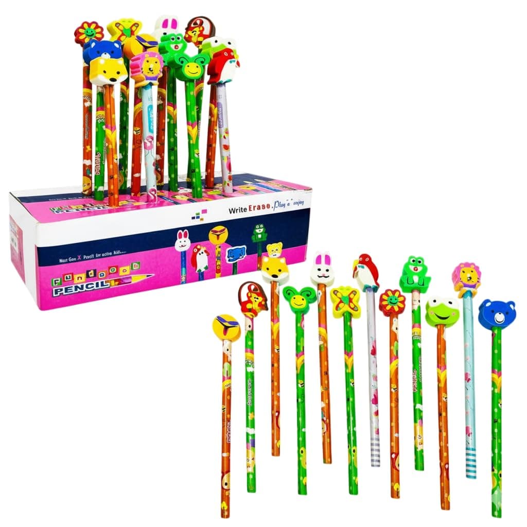 Parteet Birthday Party Return Gifts - Pack Of 24 Pencils With Eraser For Kids - Assorted Designs