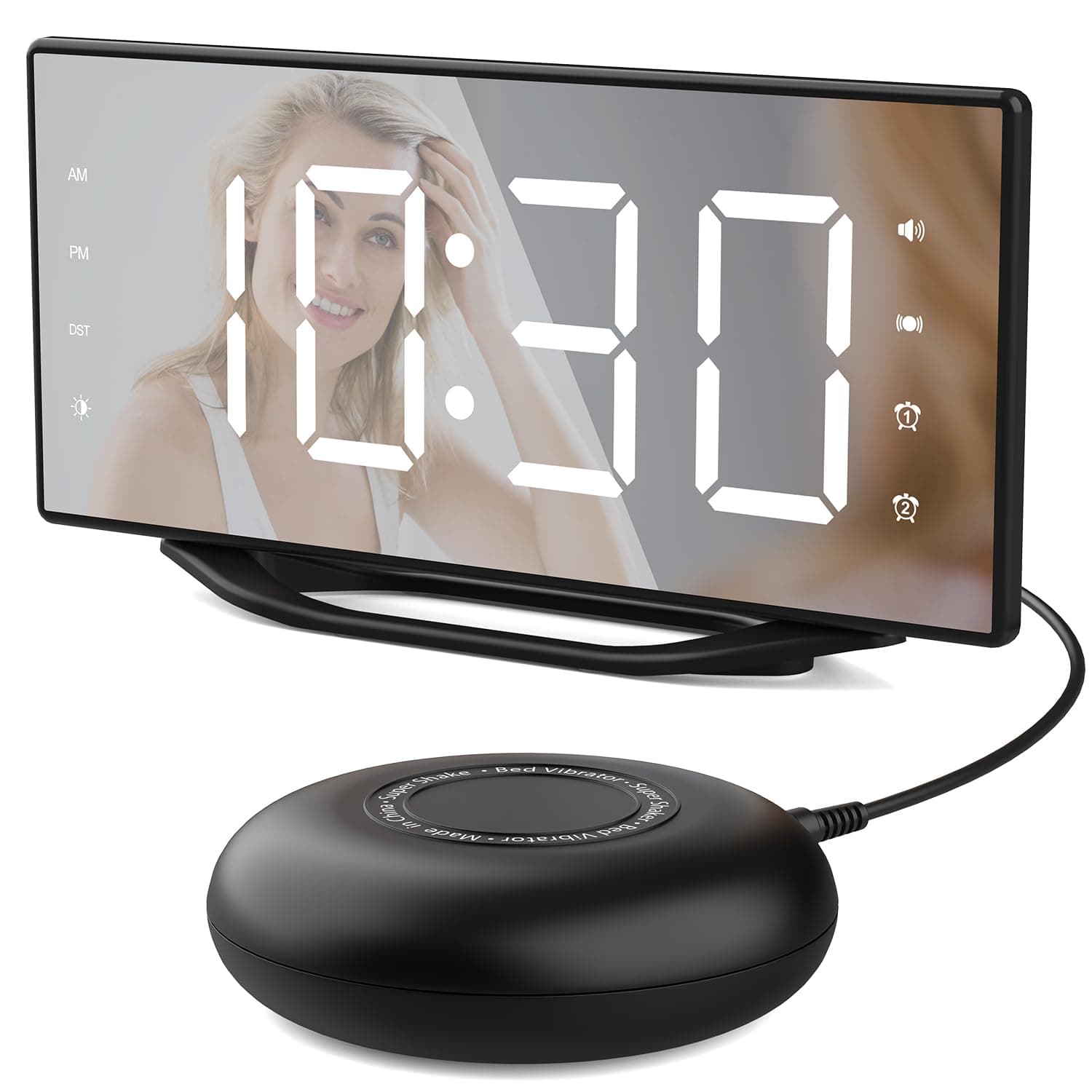 OnLyee Vibrating Alarm Clock with 8.7โ LED Mirror for Heavy Sleepers & Hearing Impaired, Bed Shaker & 3 Wake-Up Modes, Dual Alarms, USB Charging, Adjustable Brightness, Snooze Function