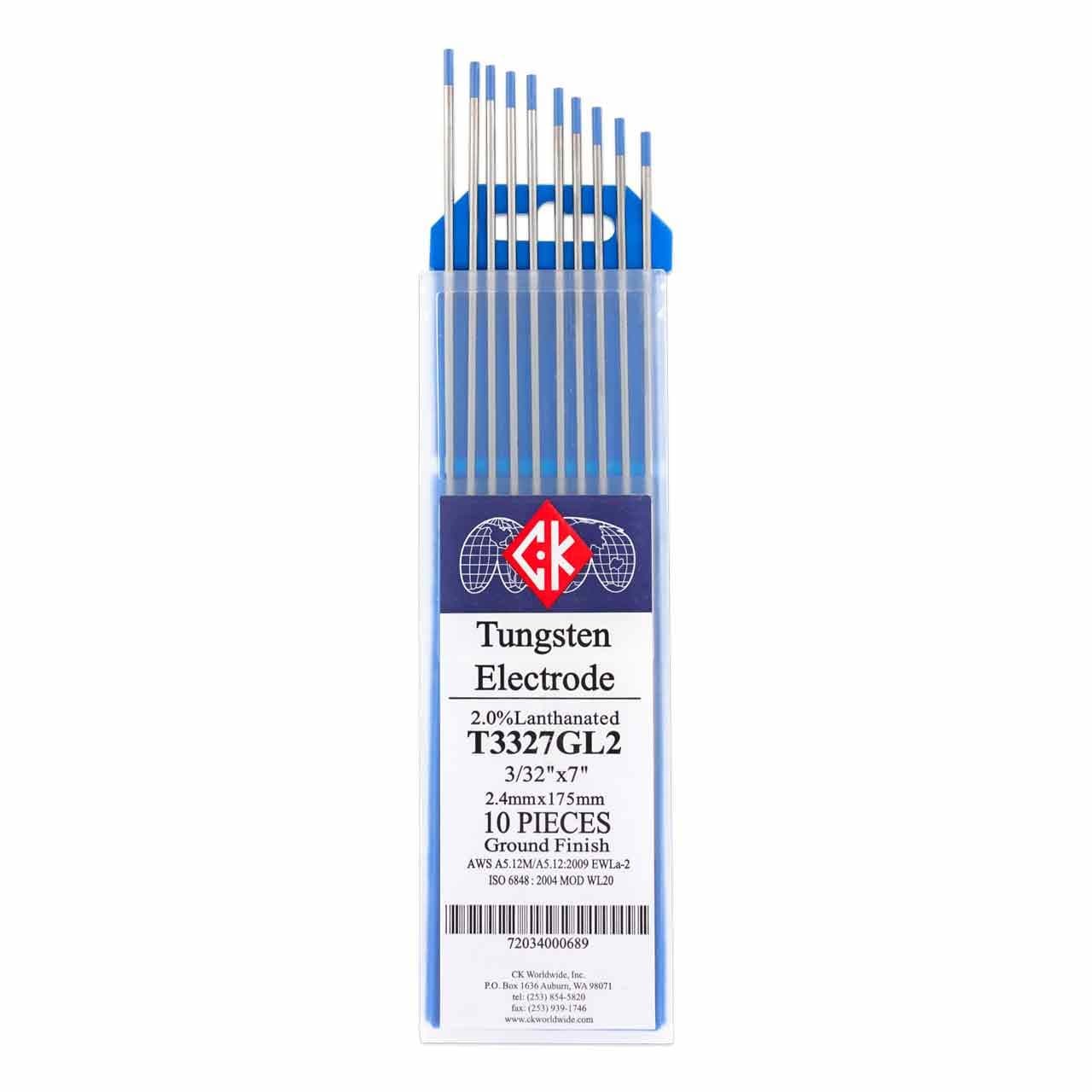 CK Worldwide T3327GL2 2% Lanthanated Tungsten Electrode 3/32" X 7", 10 pack