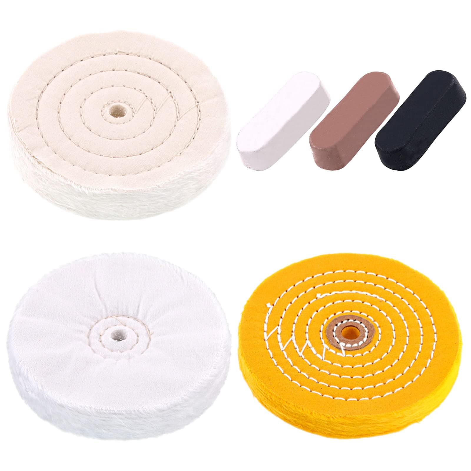 – Swpeet 6Pcs 6 Inch Professional Buffing Polishing Wheels with 3 Colors Polishing Compounds Kit, Including Cotton (60 Ply), Yellow (42 Ply) and Flannel (30 Ply) with 1/2” Arbor Wheel for Bench Grindes