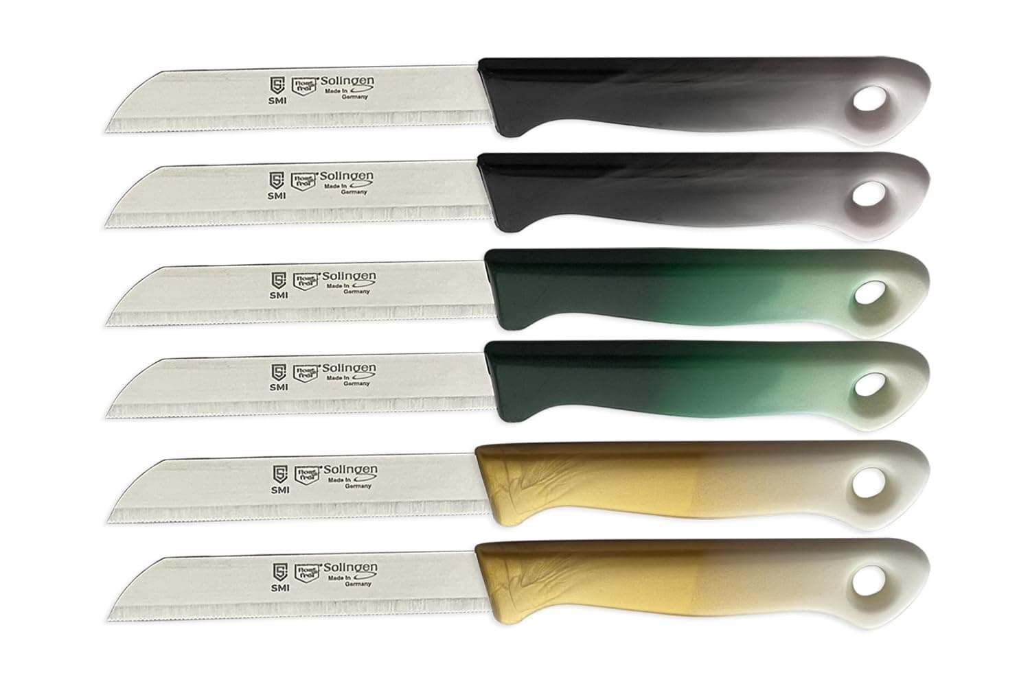 6 pcs – Paring Knife Set Solingen Vegetable Knife Serrated Fruit Kitchen Knife Flexible Multi Color Fixed Blade, Made in Solingen Germany