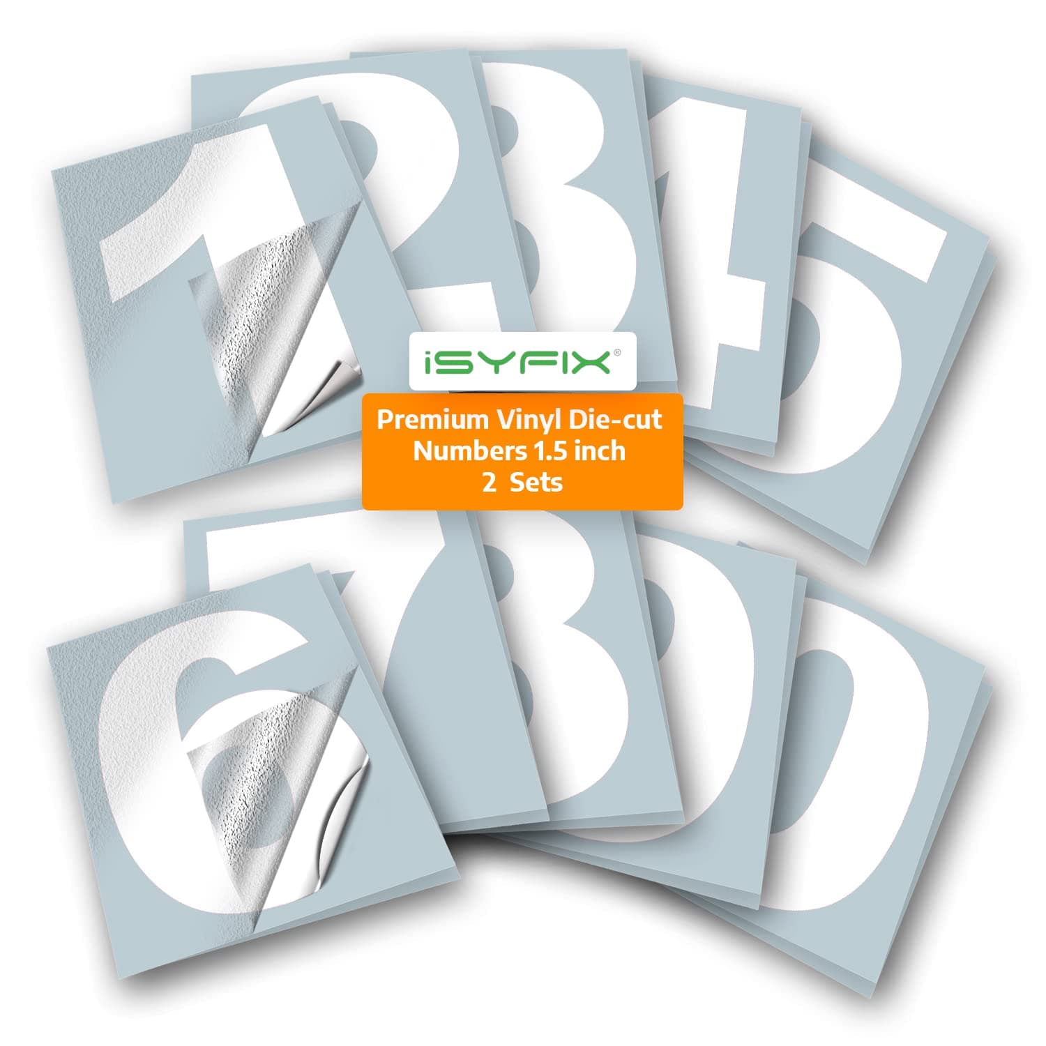 iSYFIX White Vinyl Numbers Stickers – 1.5 Inch (2 Sets) Self Adhesive - Premium Decal Die Cut, Pre-Spaced for Mailbox, Signs, Window, Door, Cars, Truck, Home, Business, Address Number, Indoor/Outdoor