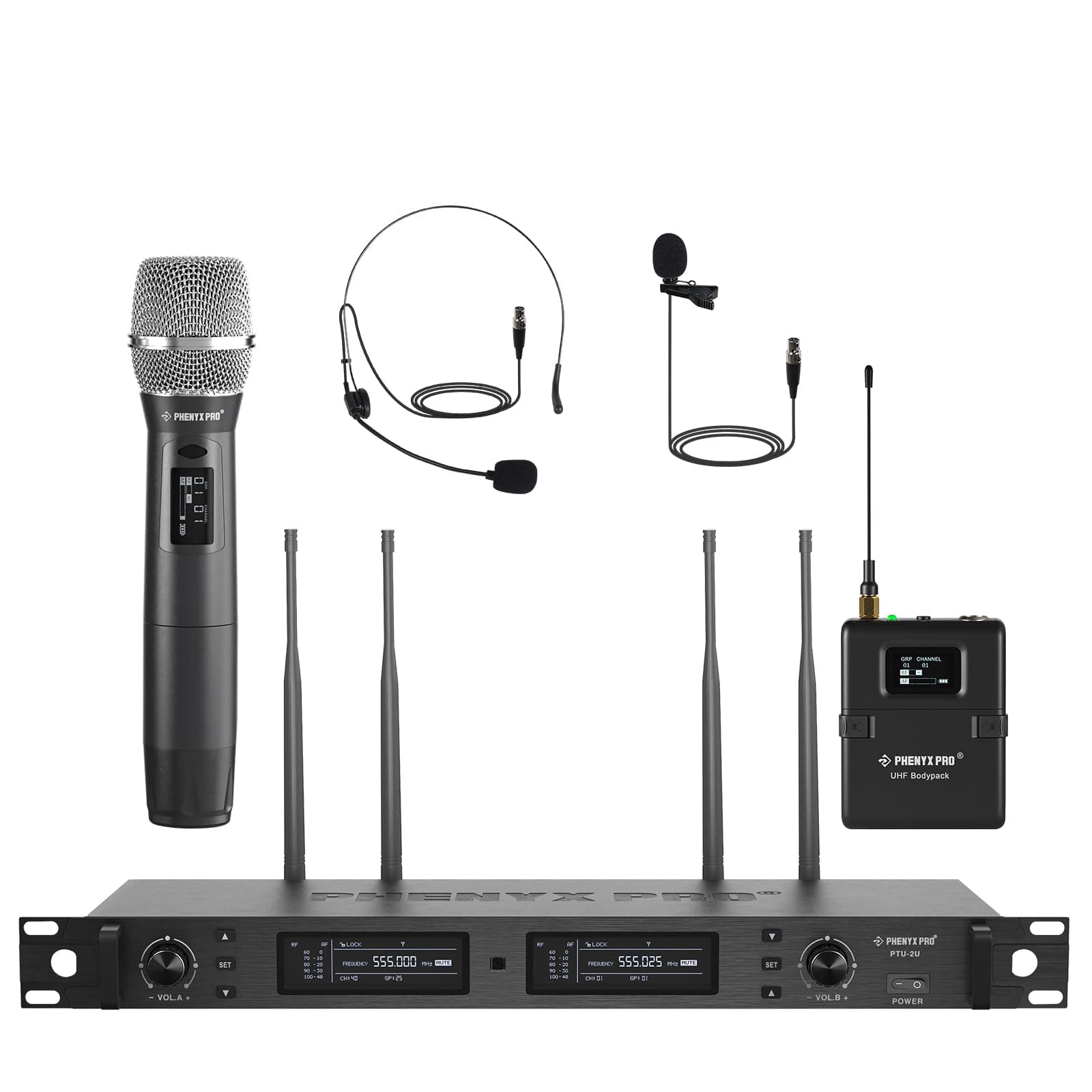Wireless Microphone System, True Diversity Dual Cordless Microphone Set w/UHF Handheld/Bodypack/Headset/Lapel Mics, Auto Scan, 2x1000 Channels for Stage & Studio (PTU-2U-1H1B)