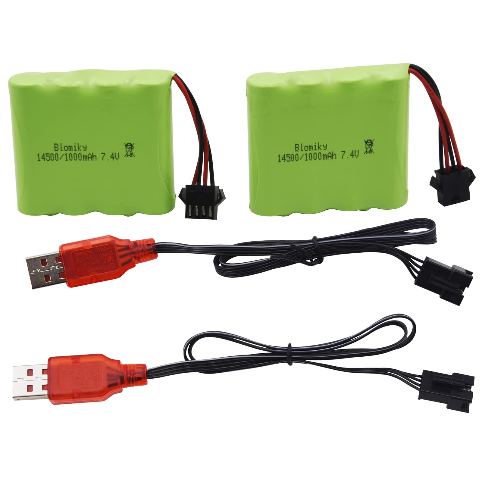 Blomiky 2 Pack 7.4V 1000mAh Li-ion Rechargeable Battery with SM-4P Plug and USB Cable Suitable for DE36W DE65 1809 RC Cars / DE36 Battery 2