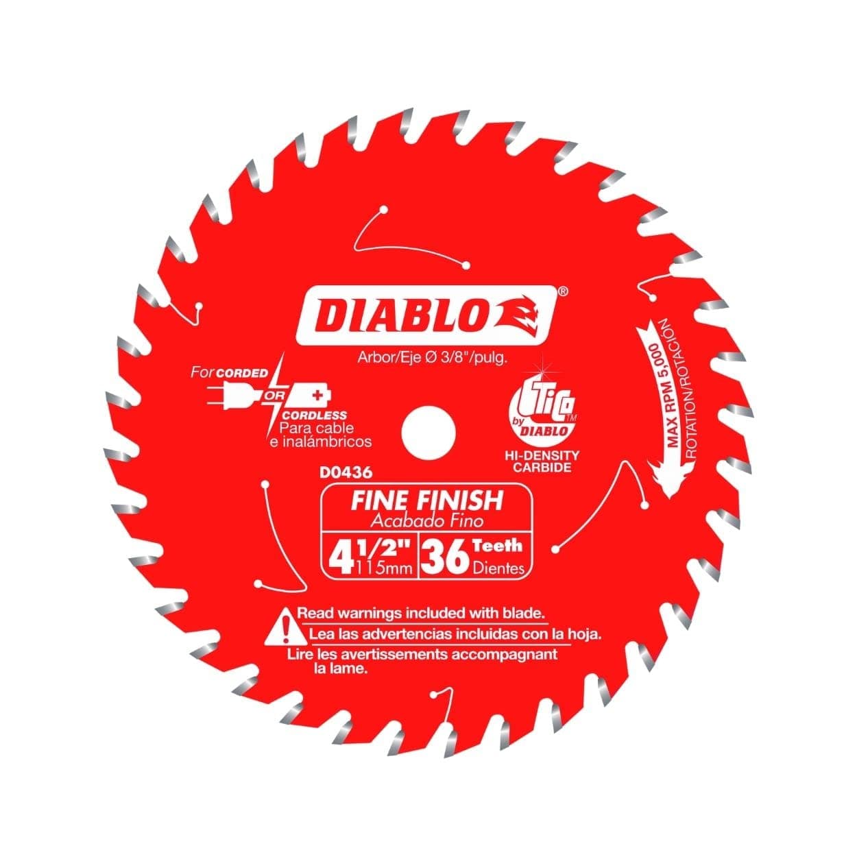 D0436X 4-1/2-Inch 36 Tooth ATB Cordless Trim Saw Blade with 20-Millimeter Arbor and 3/8-Inch Reducer Bushing