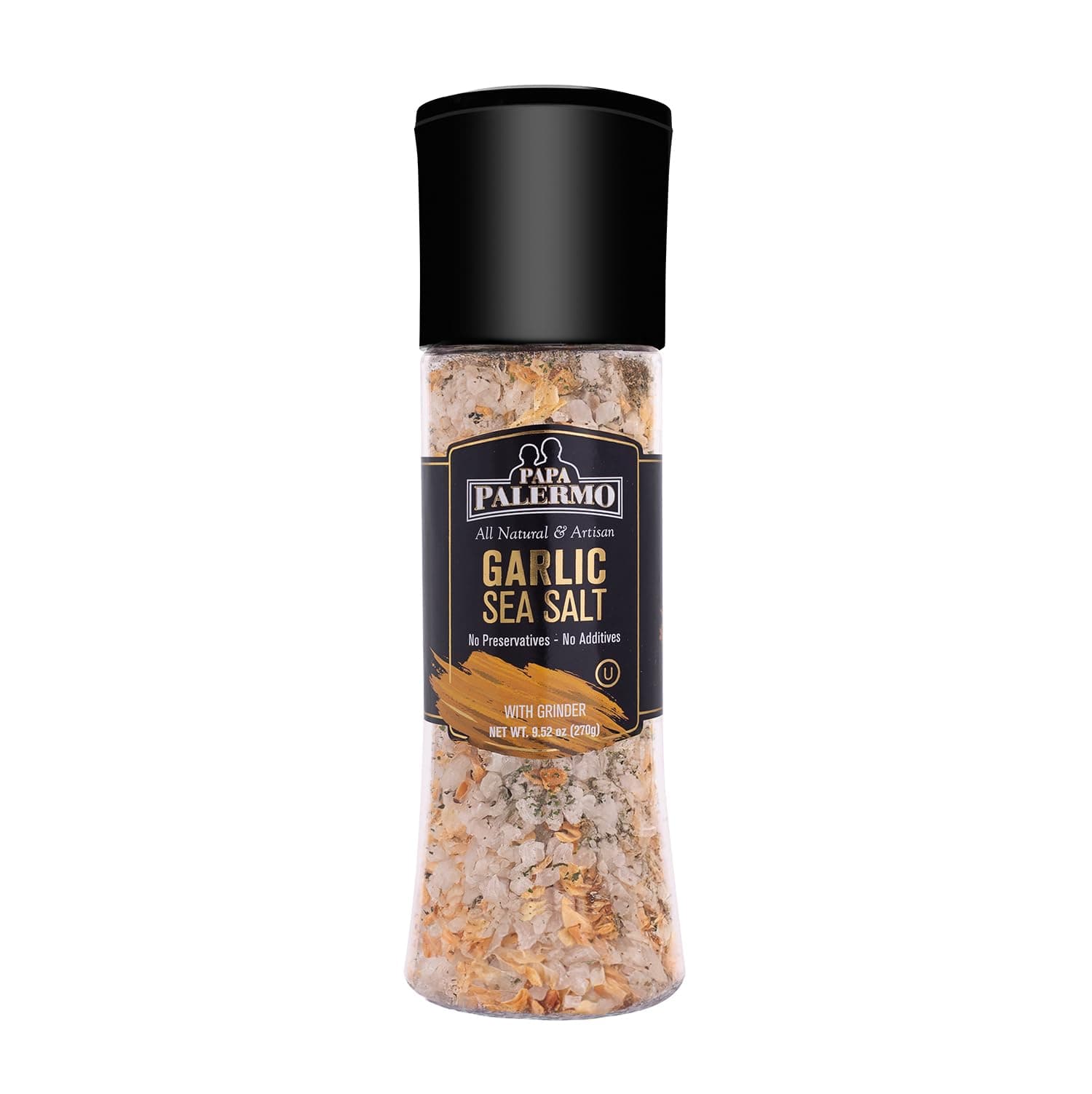 Papa Palermo Garlic Sea Salt Seasoning with Grinder, Kosher, All Natural, No Additives, 9oz
