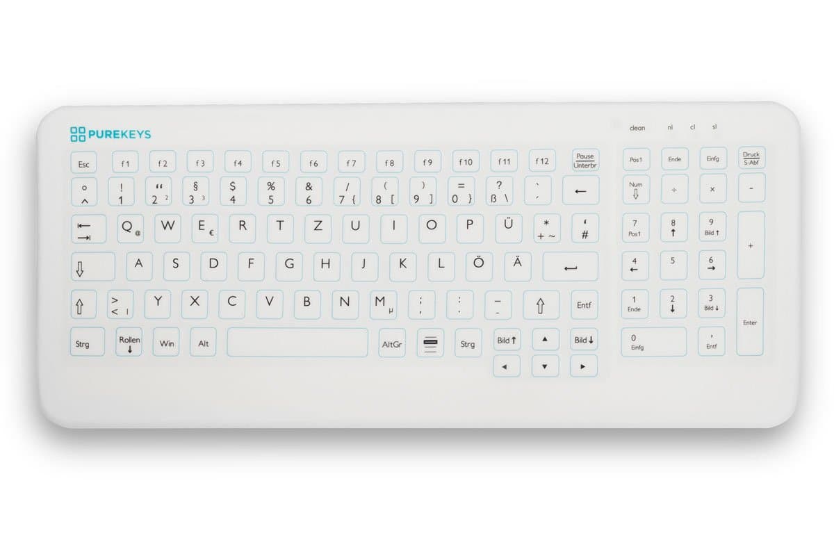 PUREKEYS – professional medical keyboard, compact version, hygiene keyboard for medical areas smooth surface, wipe-clean, disinfectable, wipe-clean, wipeable, wipeable, wipe-clean corded IP 66 QWERTZ quick hygienic cleaning and disinfection between use with all common disinfectants