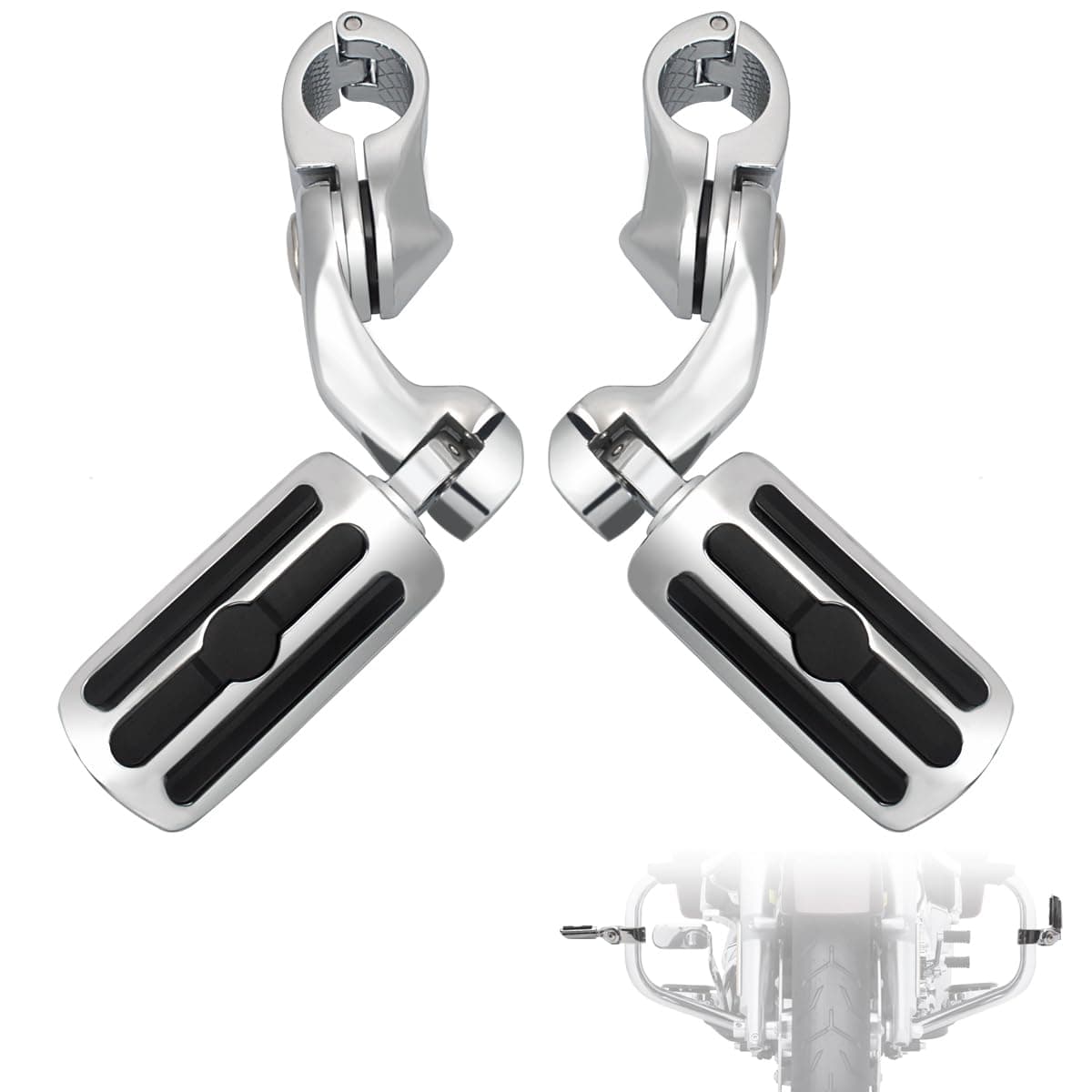 FOVPLUE 1.25" Highway Footpegs,Short Angled Adjustable Highway Pegs w/Mounts for Harley Touring Street Glide Electra Glide Road King Softail CVO Dyna Trike Sportster w/1-1/4" Engine Guard,Chrome#1