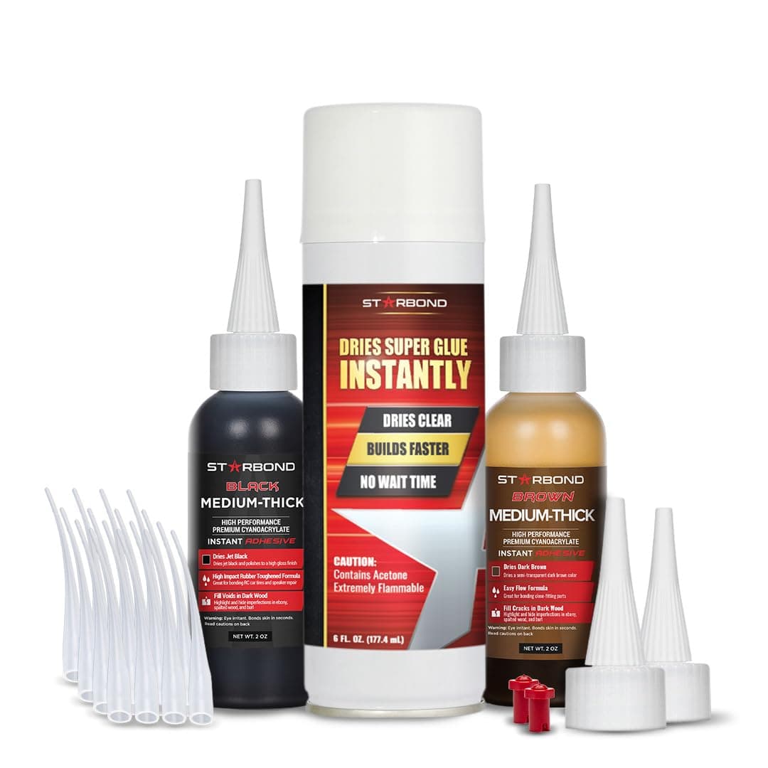 Knot Filler System – 2 oz Black and 2 oz Brown Medium-Thick CA Glue with 6 oz Accelerator Spray – Instant Crack & Void Repair for Woodworking, Woodturning, Sandable Finish