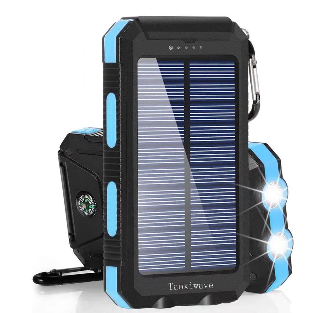 Solar Charger Power Bank 20000mAh Waterproof Portable External Backup Battery Charger Built-in Dual USB/Flashlight and Compass for All Cell Phone and Electronic Devices (Black & Blue)