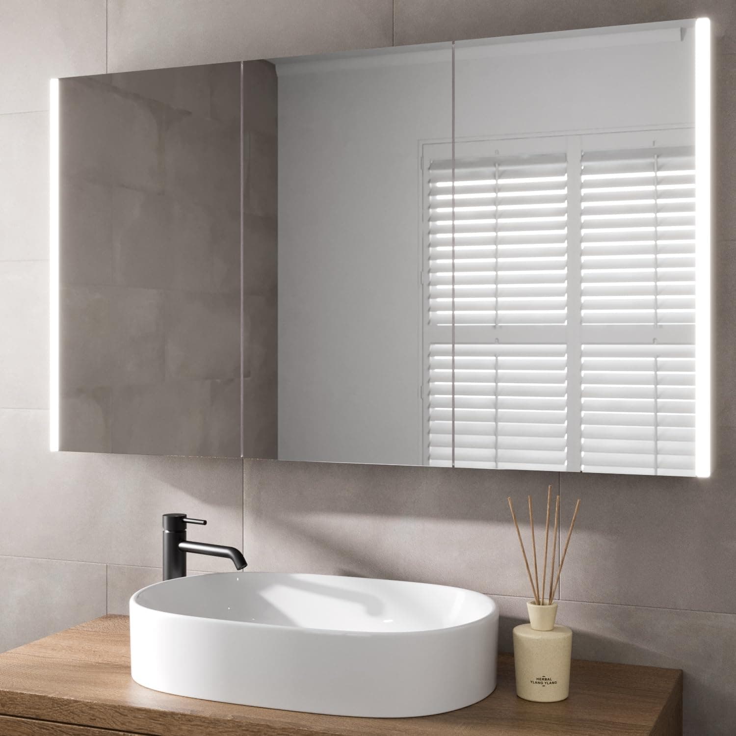 1200 x 700mm Bathroom Mirror Cabinet LED Lights Wall Mounted Shaver Demister Illuminated Mirrors for Bathrooms, Mains Powered, Motion Sensor