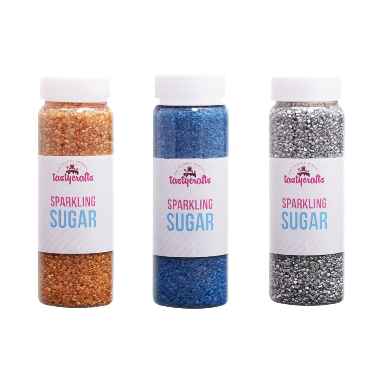 sparkling sugar for cake Decor, Edible Sprinkle Decorations, Coloured Sugar Confectionery, add colorful effect, Combo of Golden, Blue & Silver - Pack of 3