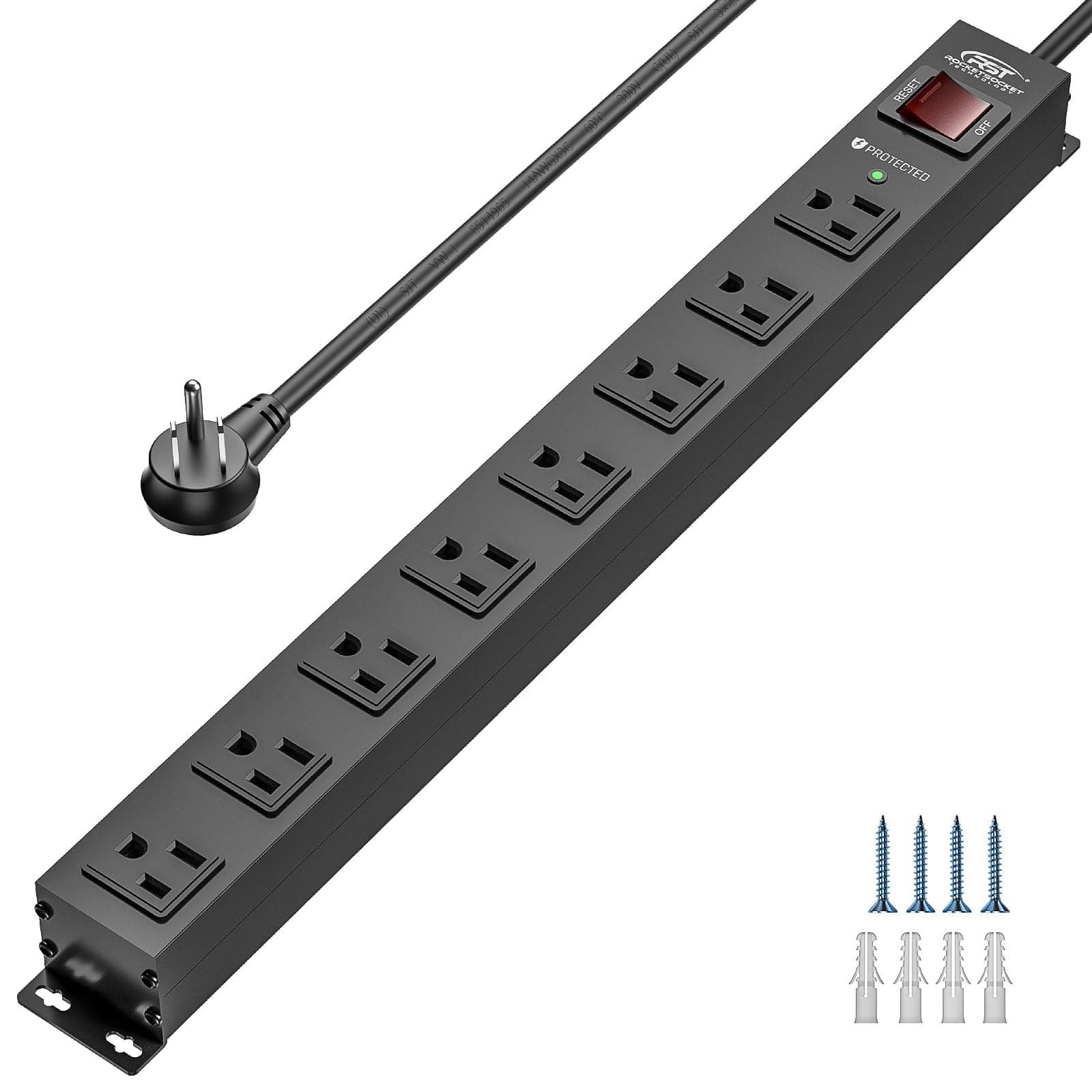 CRST 8 Outlet Metal Heavy Duty Power Strip, 2100J Surge Protector with 6FT Cord, 15A/1875W Wide Spaced Mountable Industrial Power Strip for Garage/Workshop/Office