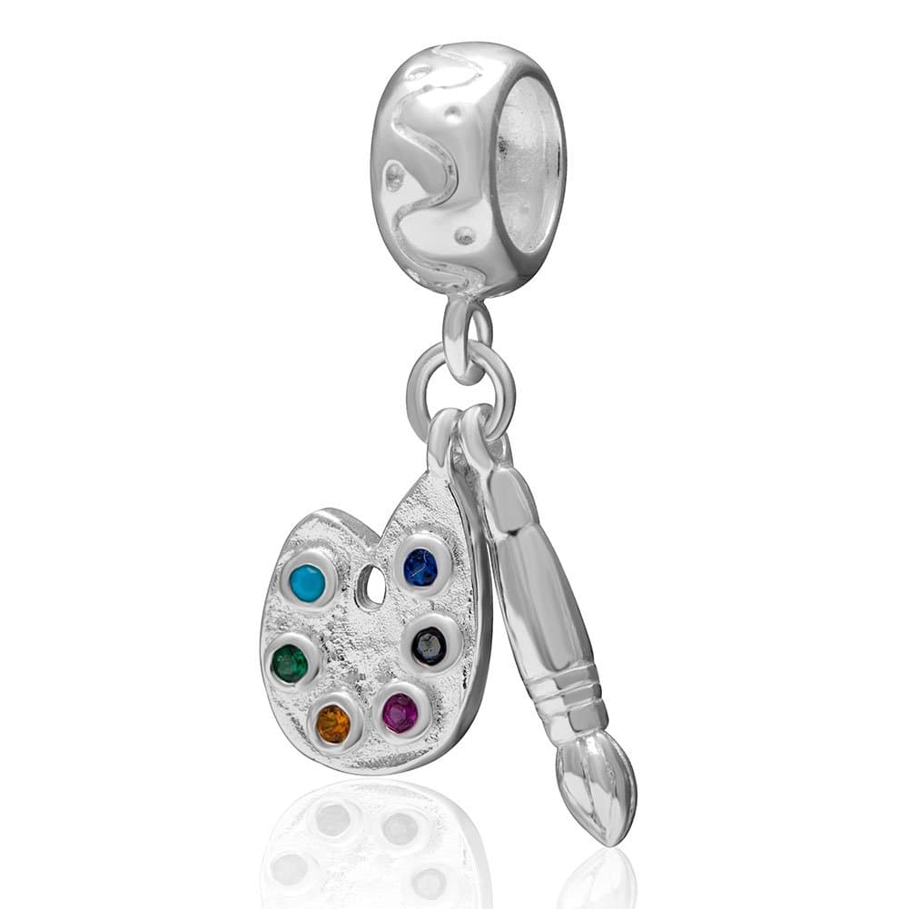 Palette and Paint Brush Charm Pendant with Colorful Birthstone 925 Sterling Silver Bead Fits European Charms Bracelet for Dreaw Lover