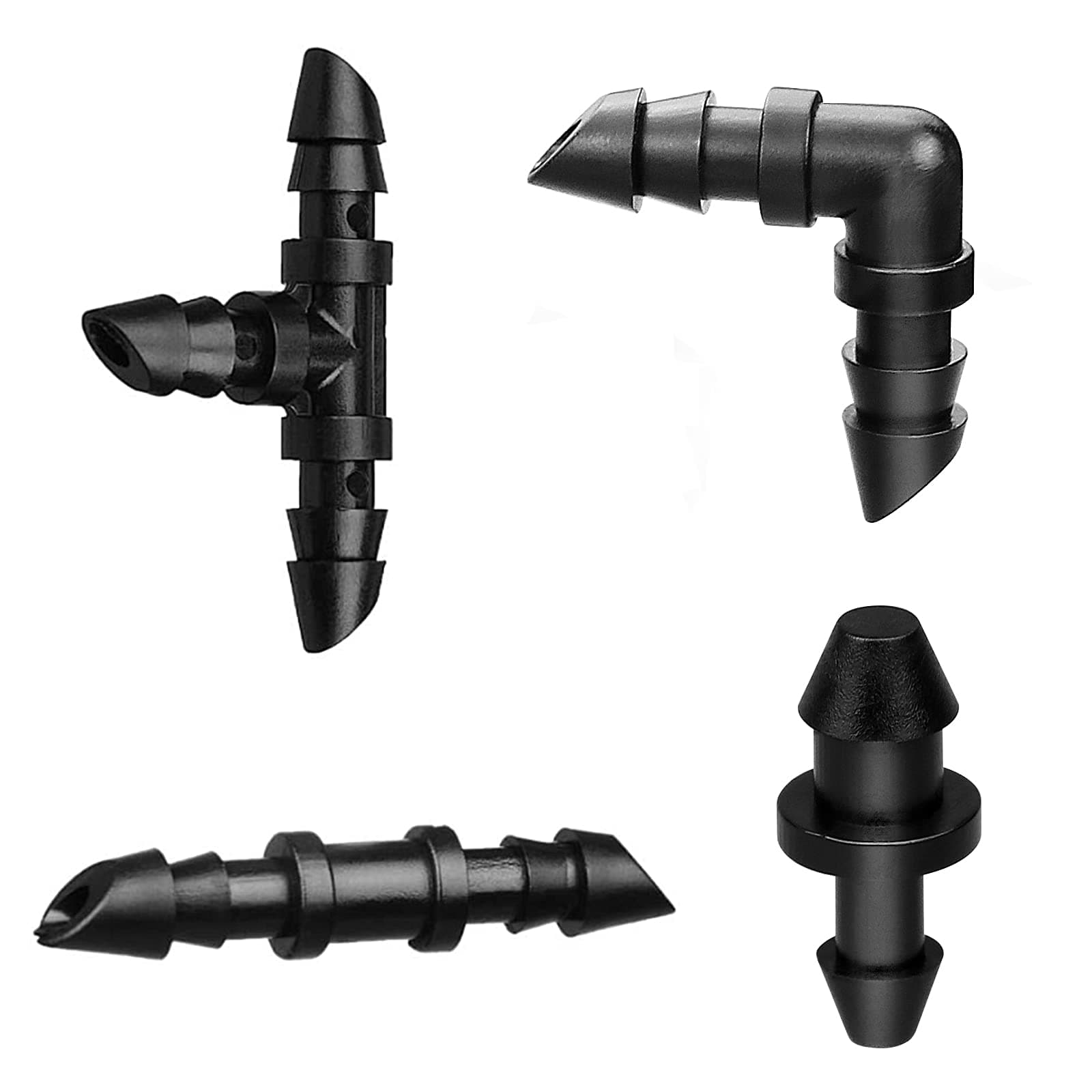 Irrigation Fittings Kit for 1/4" Tubing 110 Piece Set - 50 Couplings,30 Tees, 20 Elbows, 10 End Plugs - Barbed Connectors for Drip or Sprinkler Systems