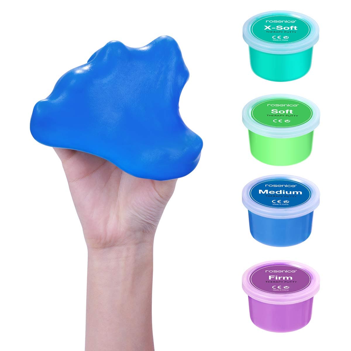 ROSENICE Physical Therapeutic Exercise Putty for Finger, Hand and Grip Strength, Stress Relief Tools - X Soft, Soft, Medium, Firm (3-oz Each, 4 Pack)