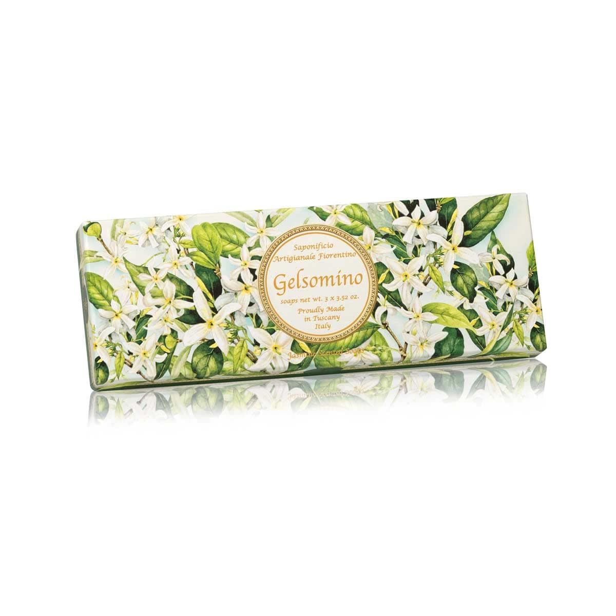 Gelsomino, gift box of Jasmine scented soap, round soaps sculpted with lily, pleated wrapping and label, 3 x 3.52 oz