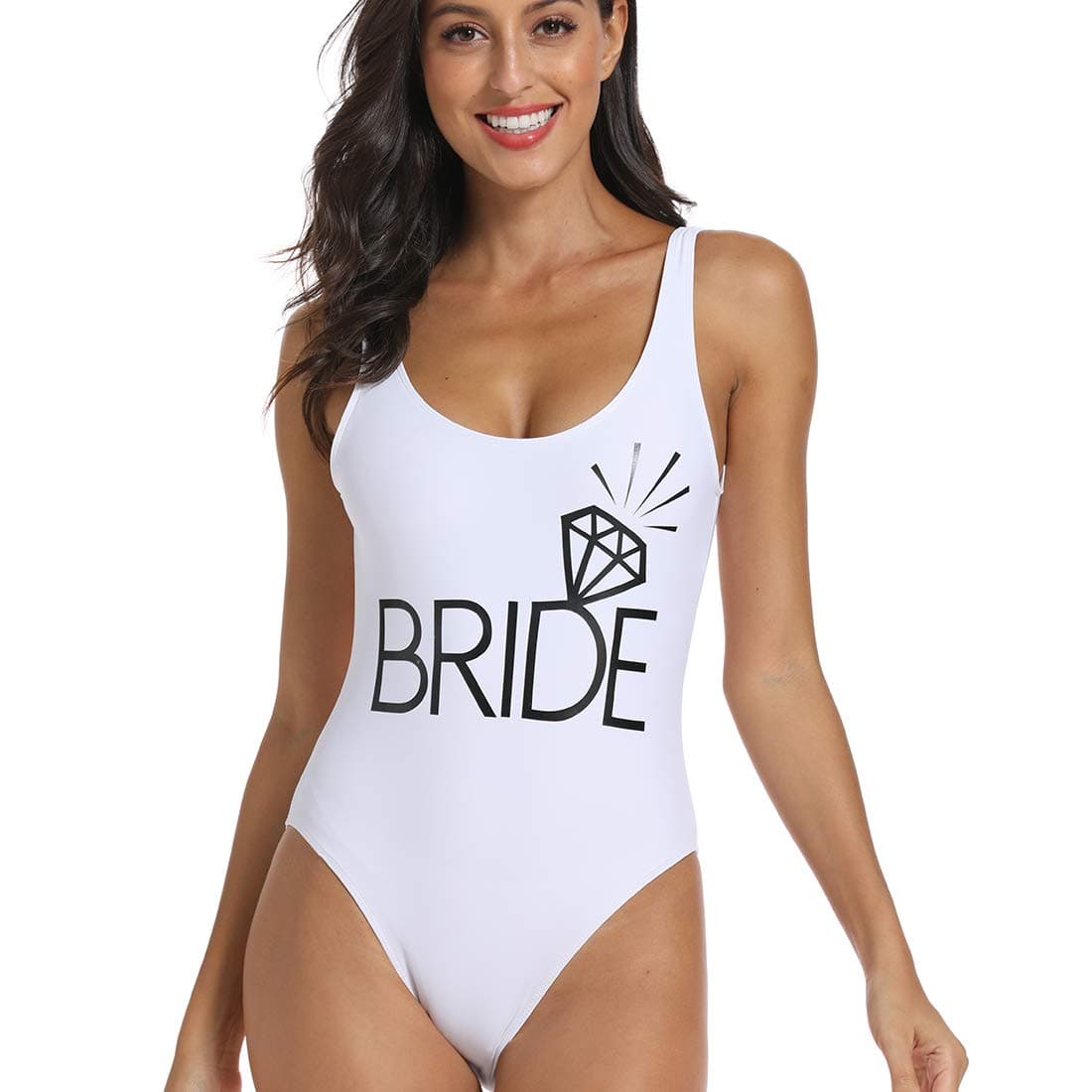 Bestag Team Bride Letter Print Diamond Pattern One Piece Swimsuit Bathing Suits (White Bride, Large)