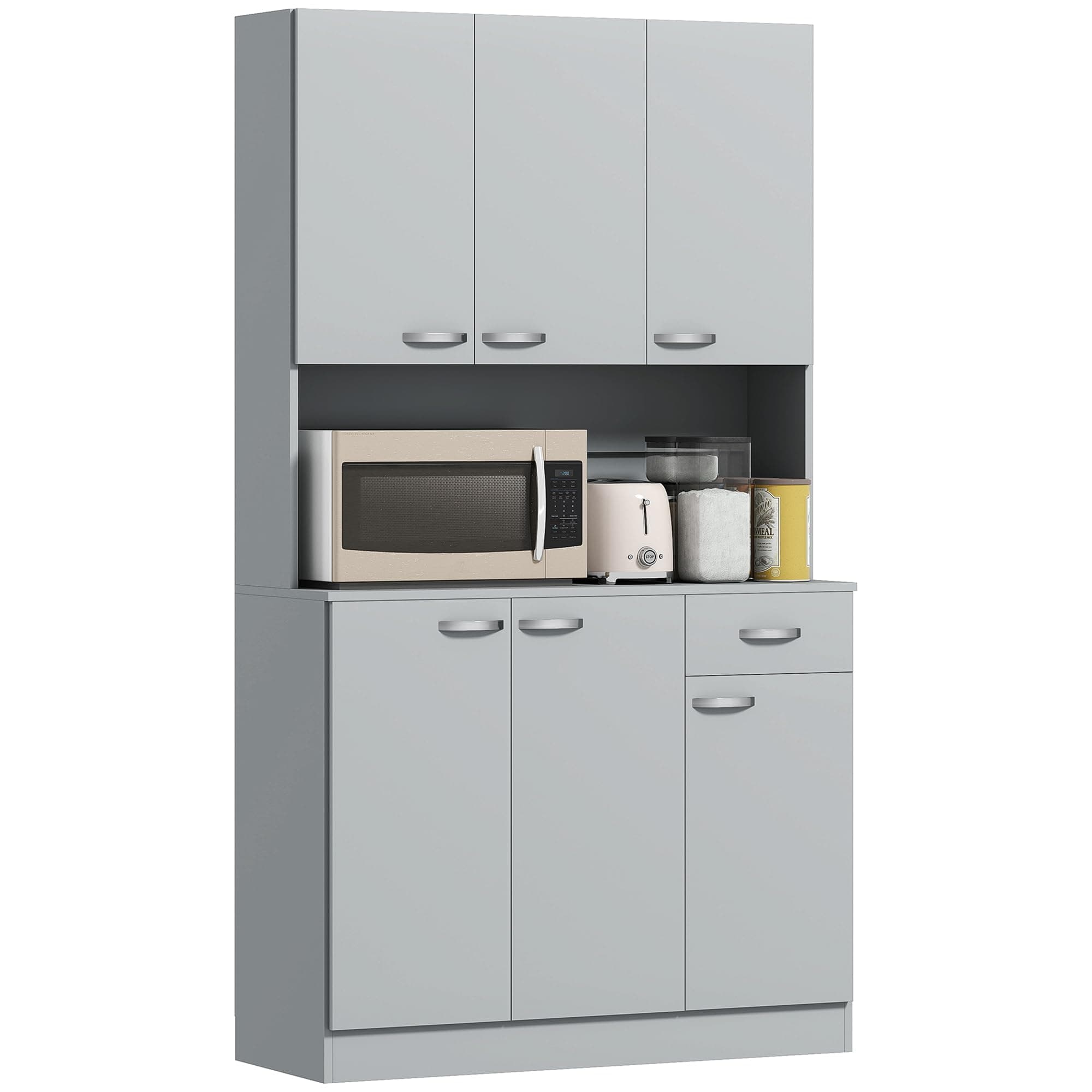 71" Kitchen Pantry Cabinet, Tall Storage Cabinet with Microwave Stand, Buffet with Hutch, 6 Doors, Storage Drawer, 3 Adjustable Shelves for Living Room, Dining Room, Gray