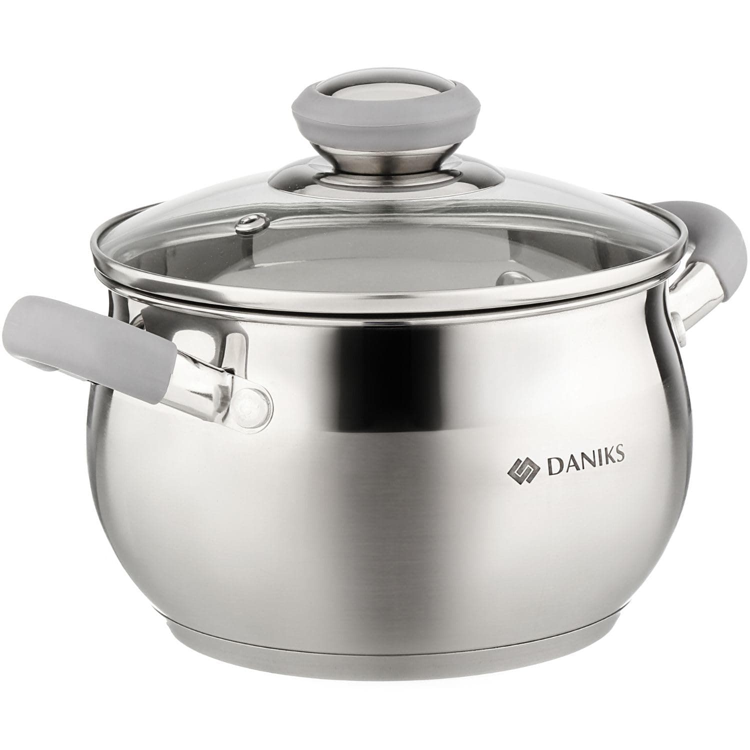 Daniks Modern Stainless Steel Induction Cooking Pot with Glass Lid and Silicone Handles, 16 cm, 2 Litres, Soup Pot/Pasta Pot, Silver
