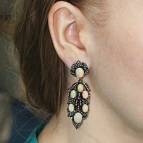 14k Yellow Gold Diamond Pave Gemstone Tsavorite Opal Long Dangle Earrings 925 Sterling Silver Antique Look Jewelry