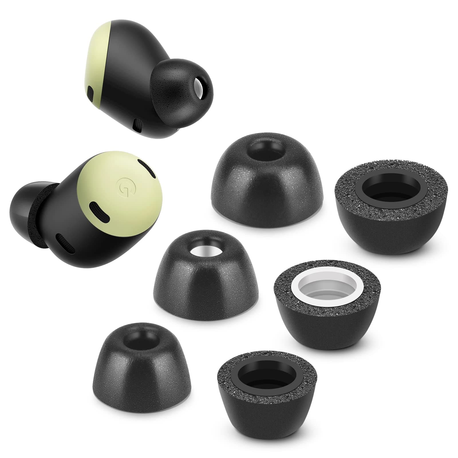 Memory Foam Tips for Google Pixel Buds Pro, Anti-Slip Replacement Ear Tips for Google True Wireless Earphones,Fit in The Charging Case, Perfect Noise Cancellation, 3 Pairs (Assorted Sizes, Black)