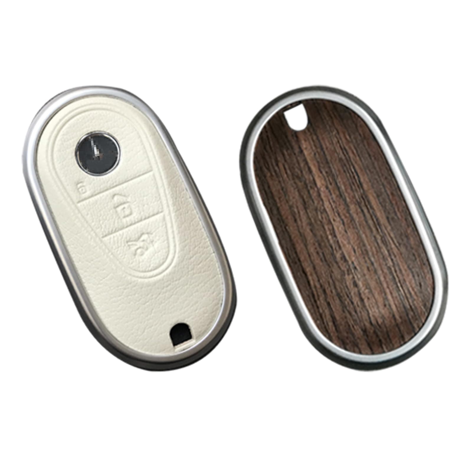 Compatible with Mercedes Benz Key case Key fob Cover Real Wood Veneer Genuine Leather Key Fob Shell Gift C GLC E S ect 2022-2023-newer (Walnut, White Leather)