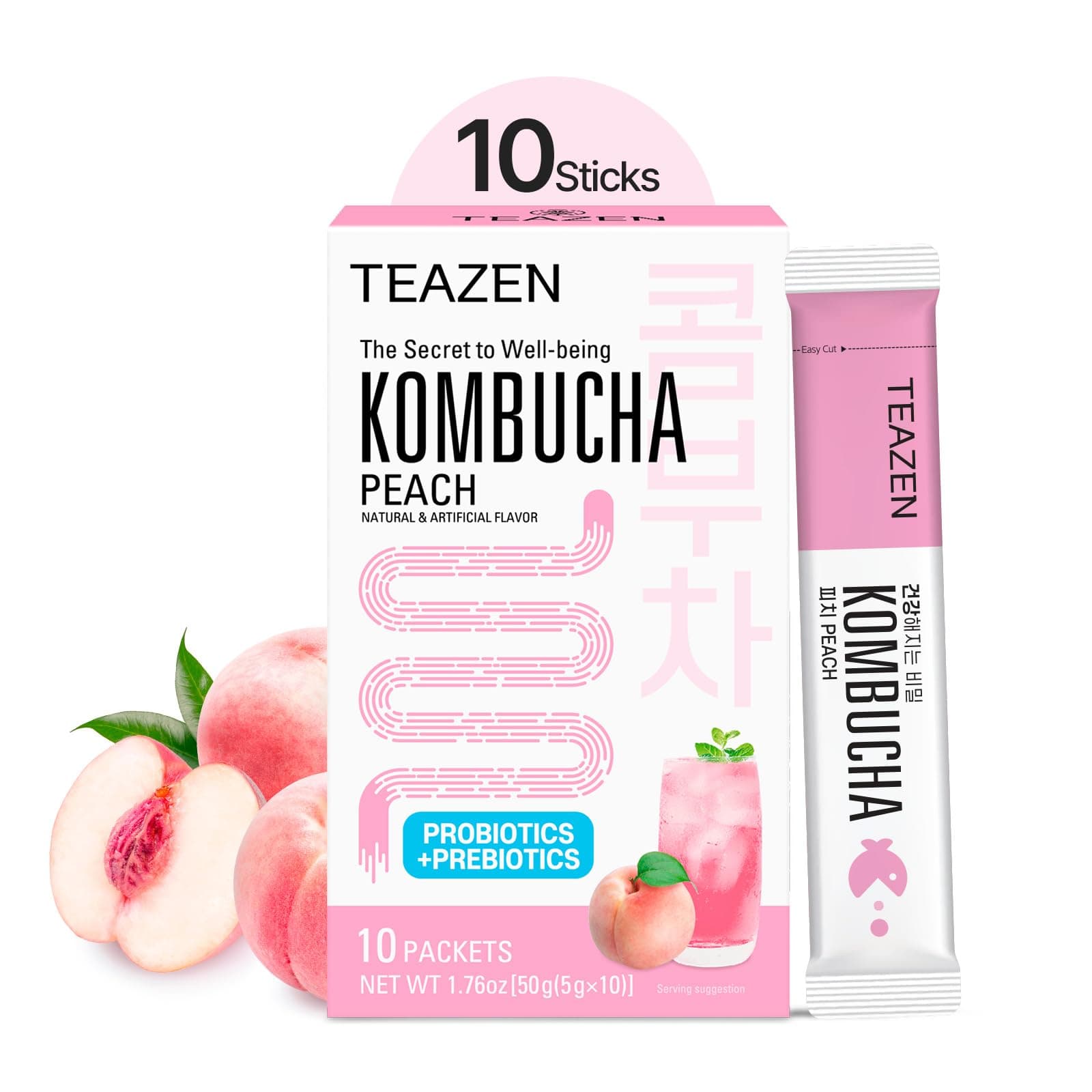 Peach Kombucha Tea, Hydration Drink Mix, Sugar Free, Live Probiotics & Prebiotics, 10 Sticks, 1.76oz
