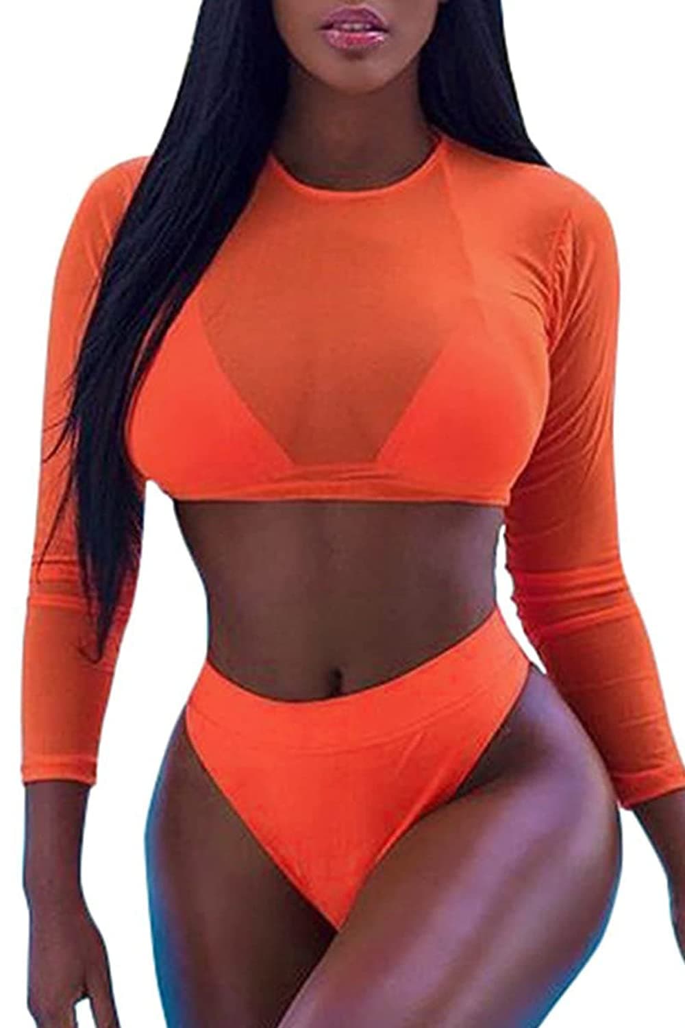 ALBIZIAWomen's Triangle High Waist Bikini Set Swimsuit with Mesh Cover up High Cut Swimwear