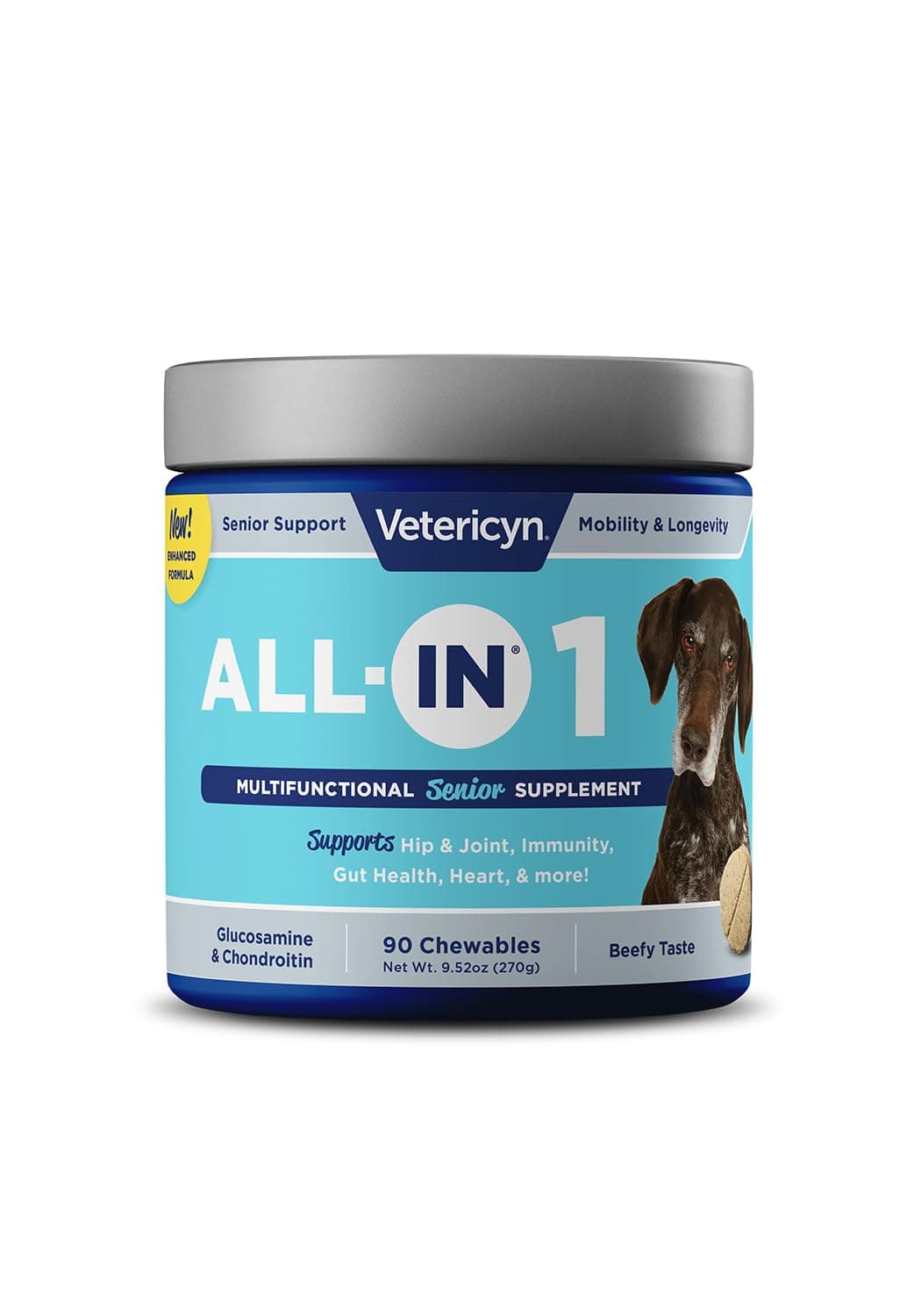 All-in 1 Multifunctional Senior Dog Supplement | Digestive Enzymes + Glucosamine Chondroitin for Hip and Joint Support + Vitamins, Antioxidants, Prebiotics, Probiotics, and Omegas. 90 Count