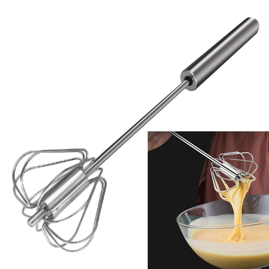 Egg Whisk, Egg Beater, Hand Push Whisk Blender, Food-Grade 304 Stainless Steel Egg Beater, Milk Frother, Rotating Push Mixer Stirrer for Whisking, Beating, Stirring