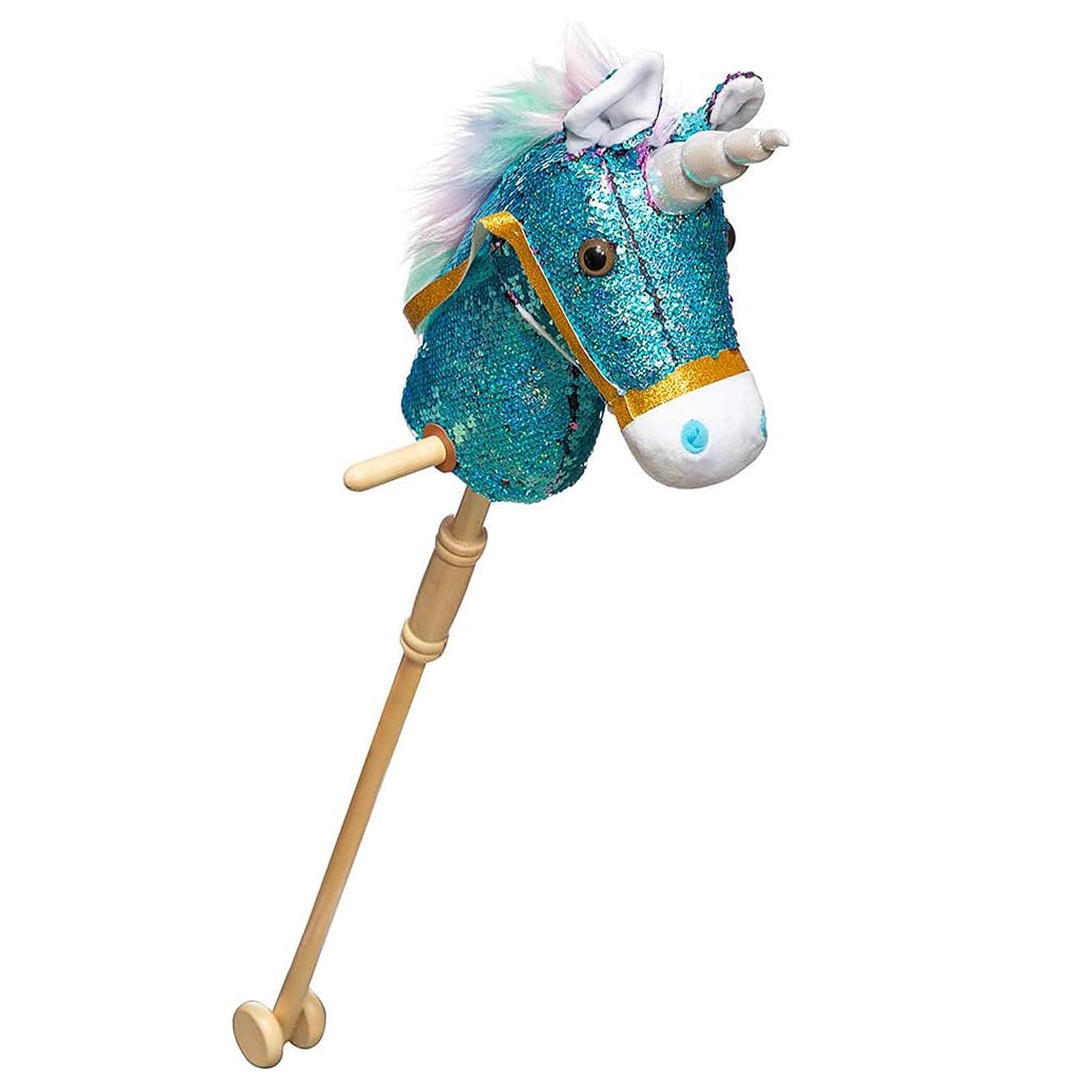 HollyHOME Sequin Unicorn Stick Horse Handcrafted Hobby Horse on a Stick with Wood Wheels Real Pony Neighing and Galloping Sounds Plush Unicorn Toy Blue 36 Inches(AA Batteries Required)
