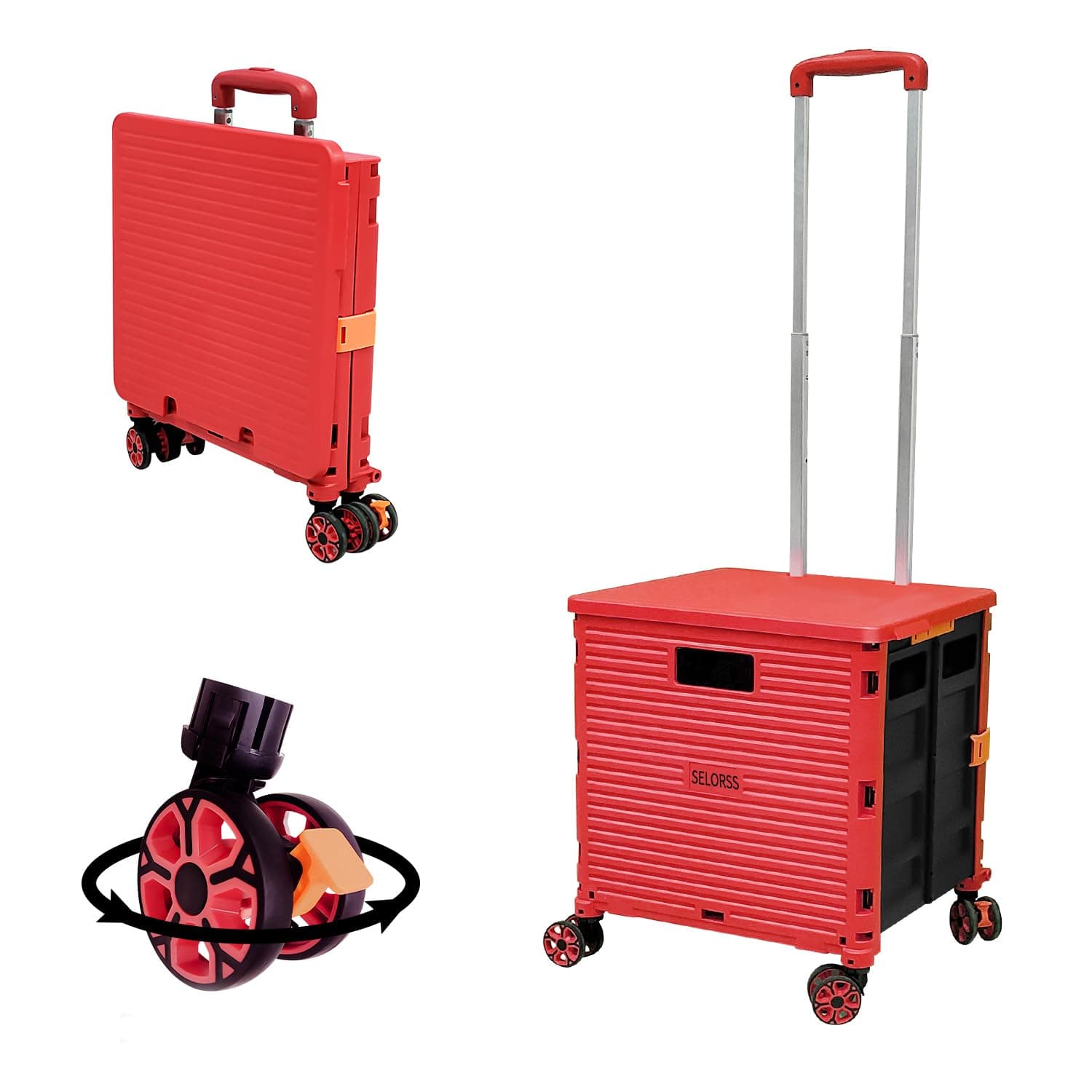 50L Folding Shopping Trolley Cart,60KG,4 Rotate and Detachable Wheels,Telescopic Aluminium Handles,Heavy Duty Foldable Storage Box for Shopping,Travel,Teacher,Camping(Red/Black)
