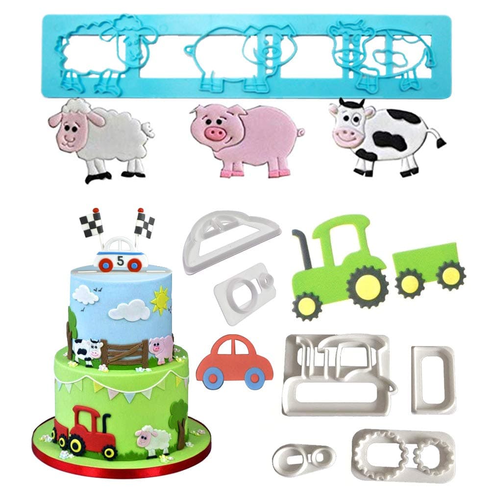 Farm Animals Cake Decorating Cutters - Cartoon Tractor/Car Cookie Cutter Set/Pig Sheep Cow/Biscuit Mold for DIY Baking Fondant Sugarcraft Pastry Cupcake Toppers