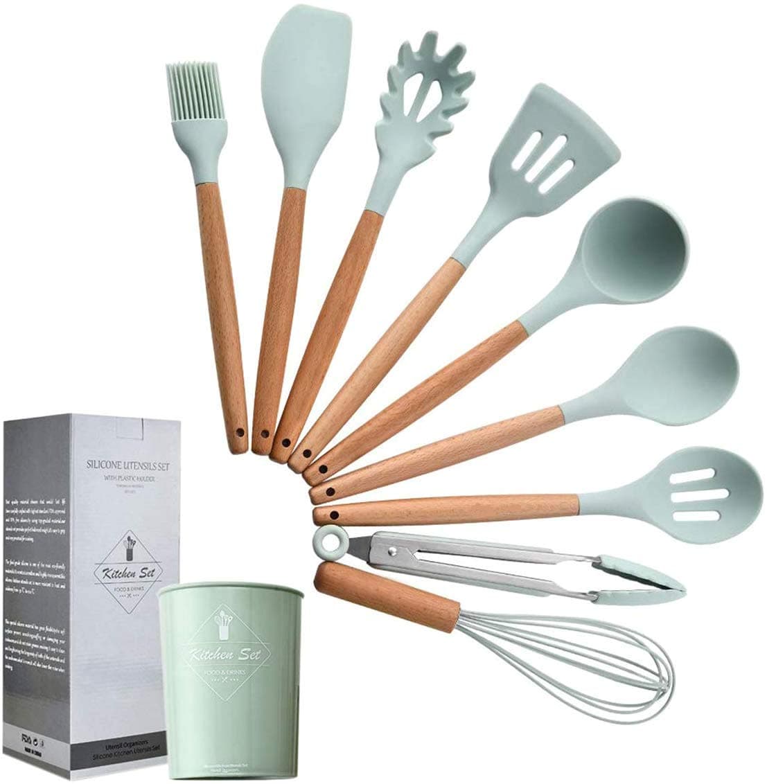 Silicone Cooking Utensils Kitchen Utensil Set - 9 Pieces Natural Wooden Handles Cooking Tools Turner Tongs Spatula Spoon for Nonstick Cookware (Mint Green)