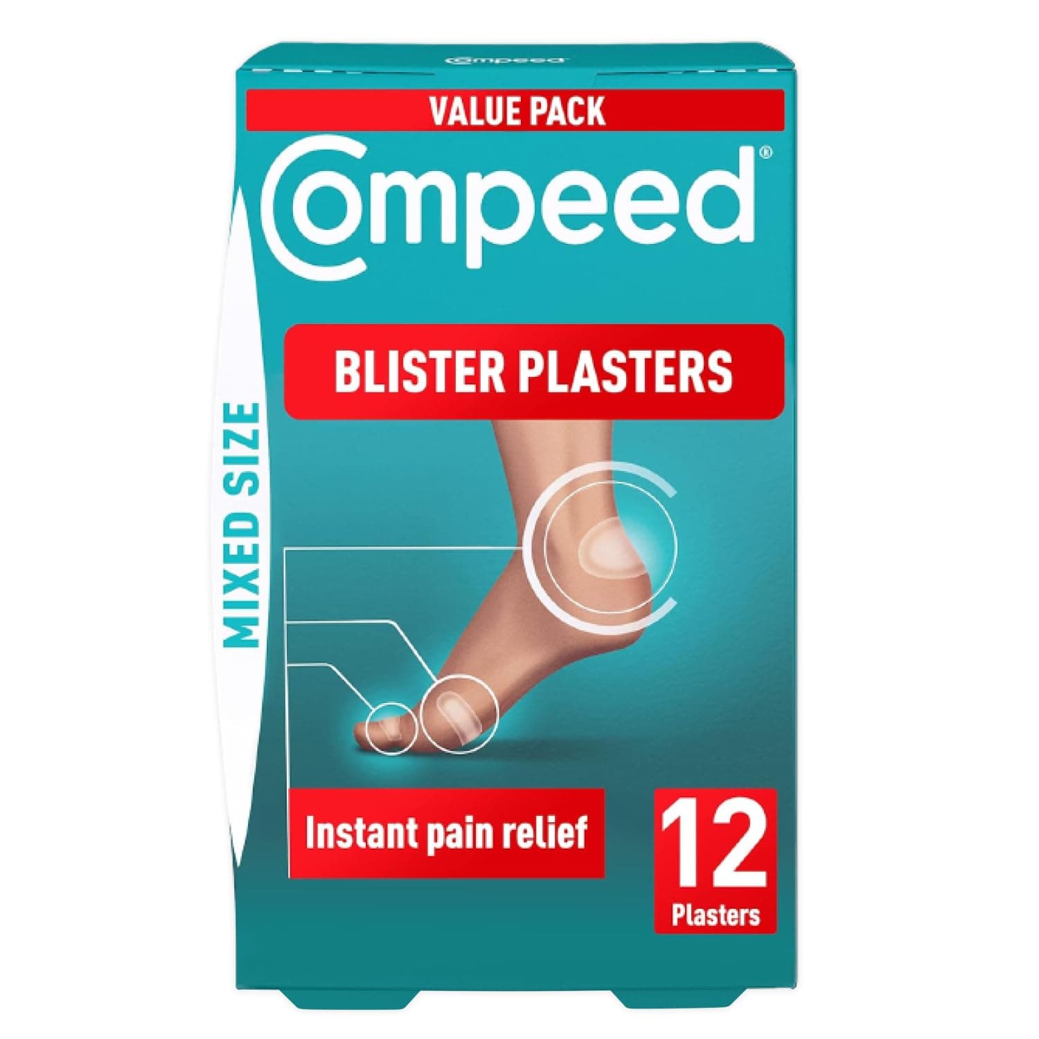 Compeed Mixed Size Blister Plasters, 12 Hydrocolloid Plasters, Foot Treatment, Heal Fast, 100% Plastic Free Carton Pack