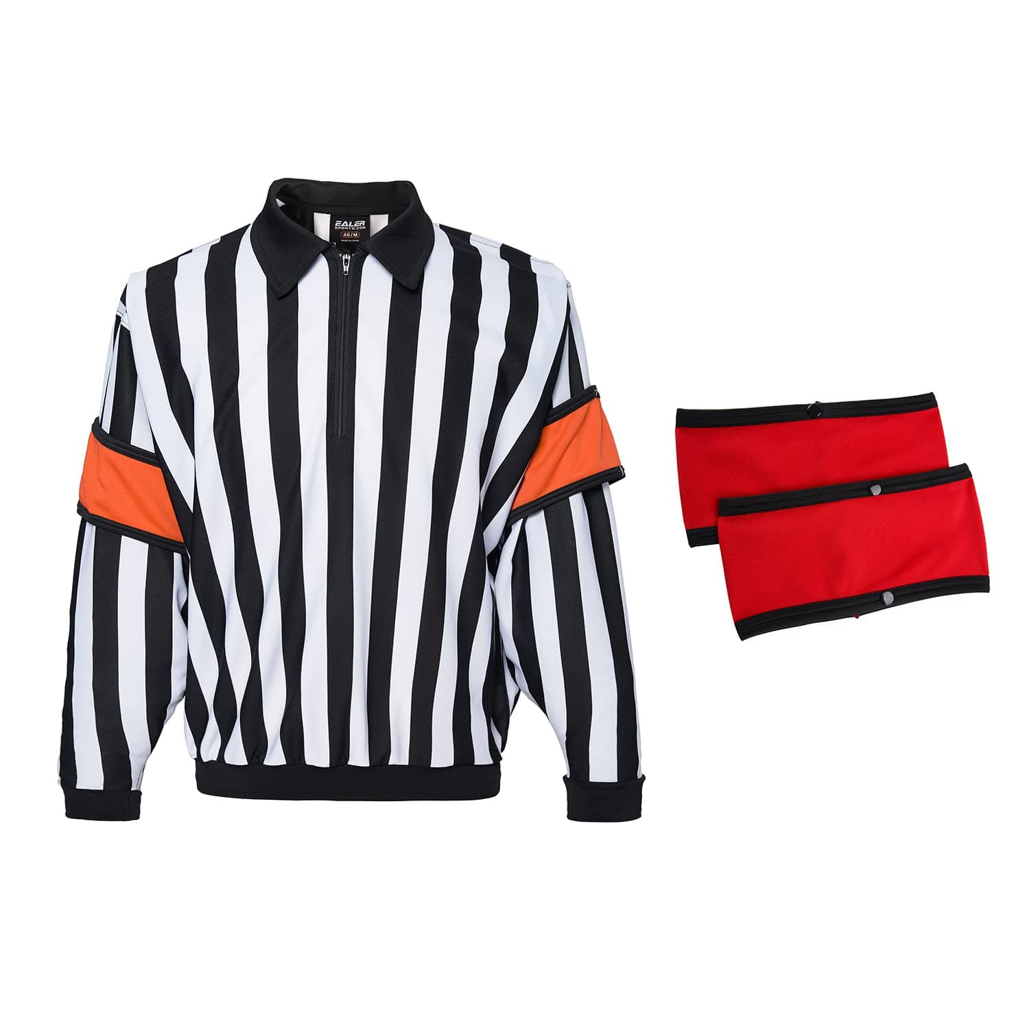 EALER HRJ100 Ice Hockey Long Sleeve Striped Referee/Umpire Jersey Shirt with Removable Orange and Red Armbands 2XL