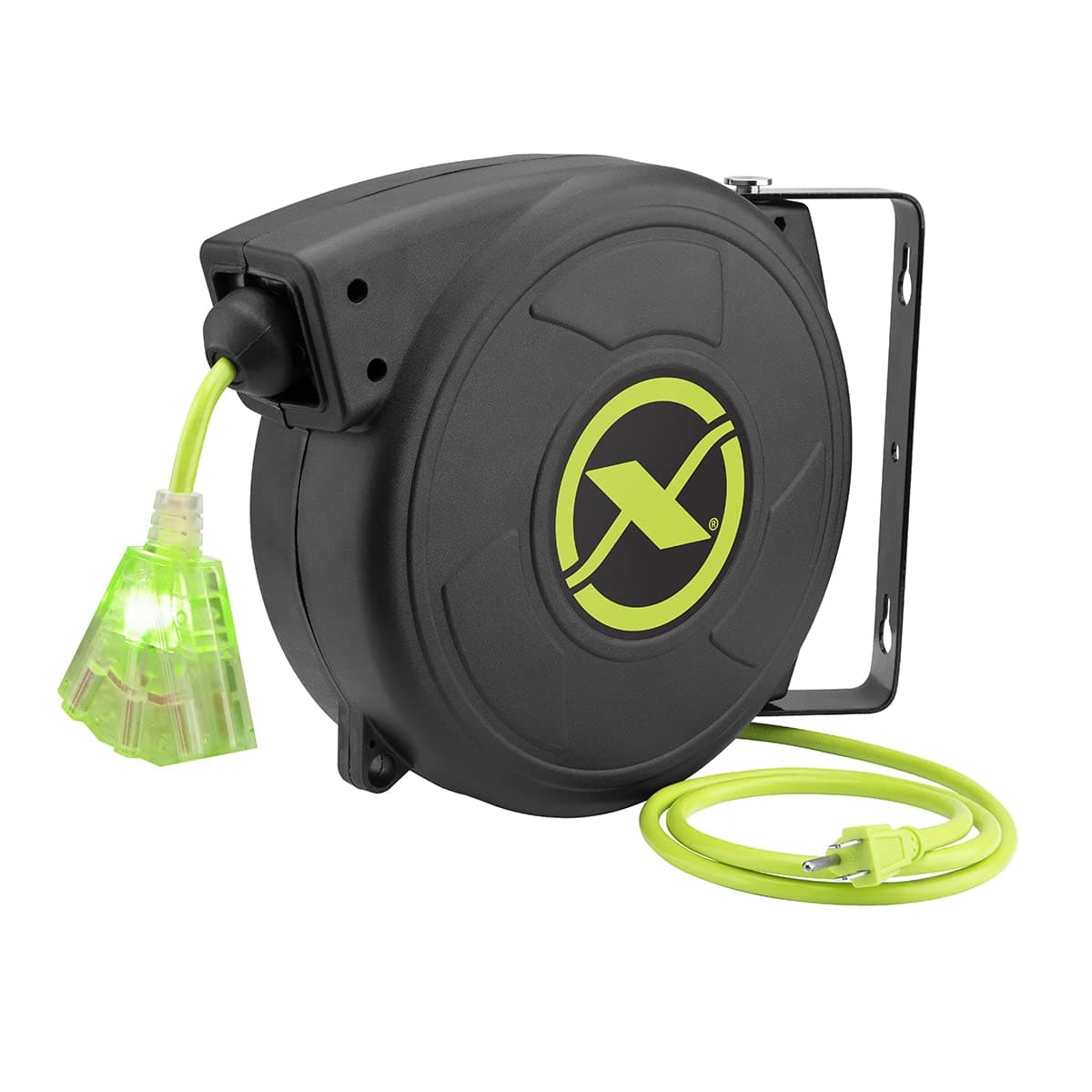 Retractable Extension, 14/3 AWG SJTOW, 50', Grounded Triple Tap Outlet Electric Cord Reel, ZillaGreen, FZ8140503