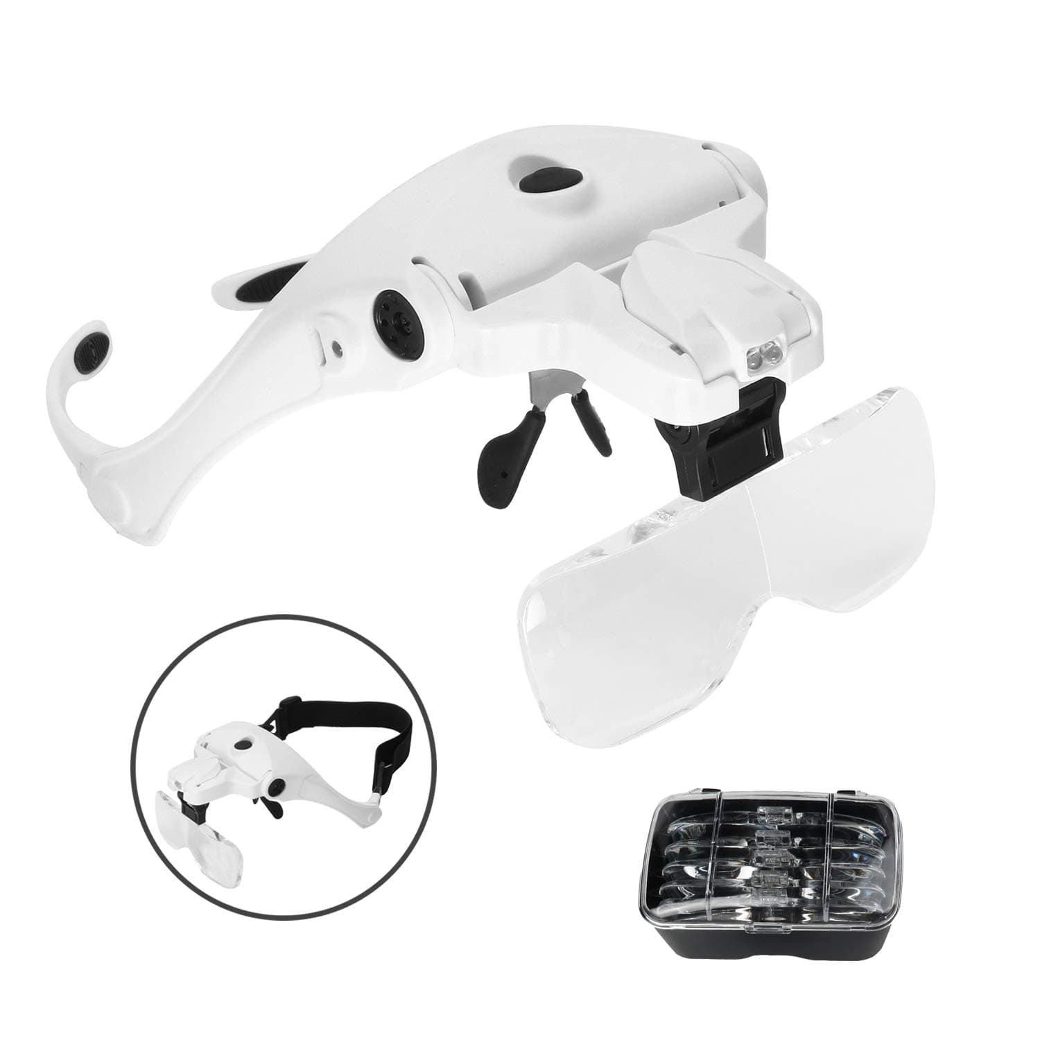 Head Mount Glasses Magnifier, USB Charging Headband Magnifying Glasses with 2 Led Lights, 5 Lenses Headset Magnifier for Close Up Work, Reading Aid, Craft Watch Repair (Upgraded Version)